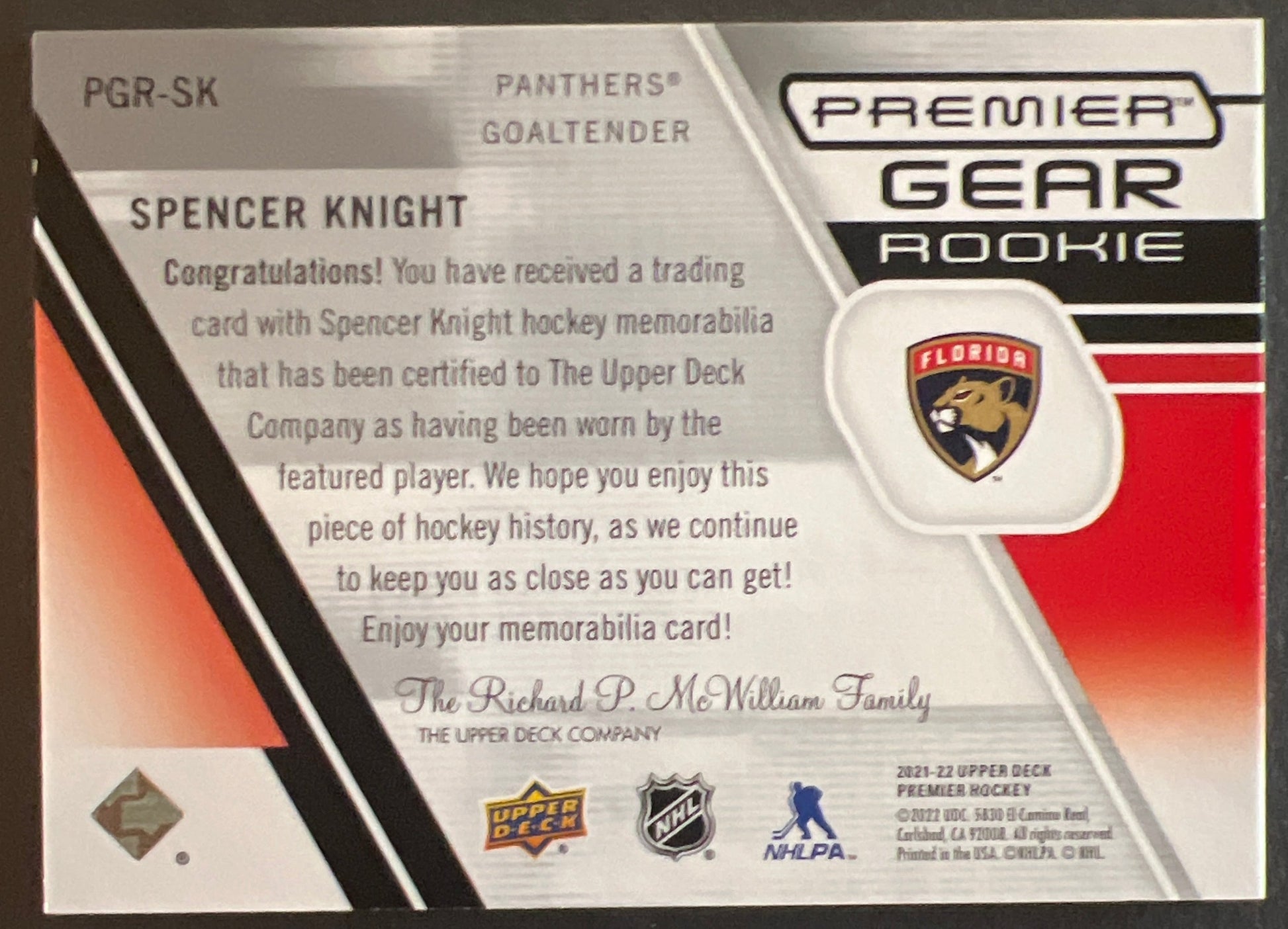 Spencer Knight Premier Gear Rookie Jersey /99 - 2021/22 Premier Hockey