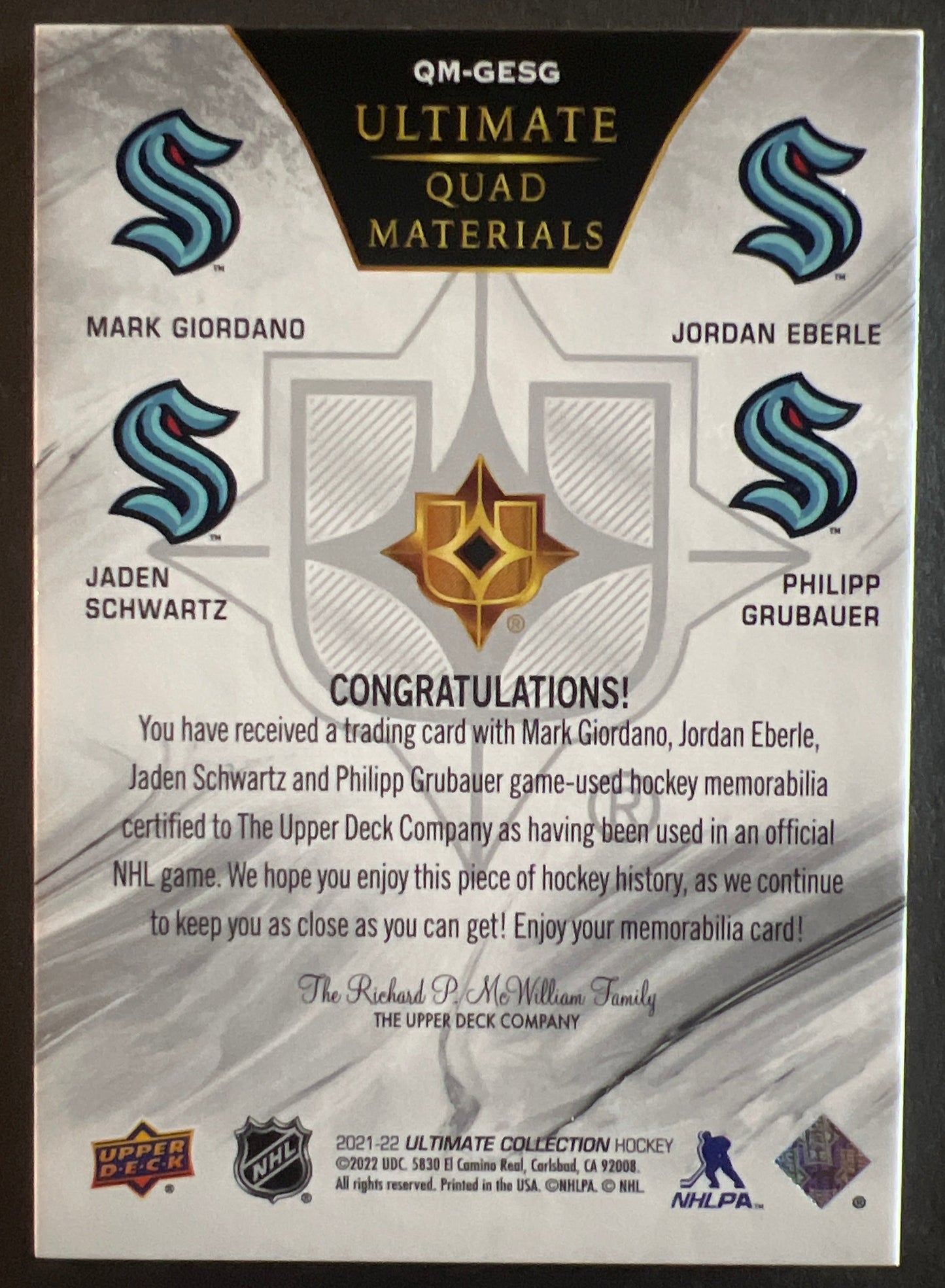 Giordano / Eberle / Schwartz / Grubauer Ultimate Quad Materials /25 - 2021/22 Ultimate