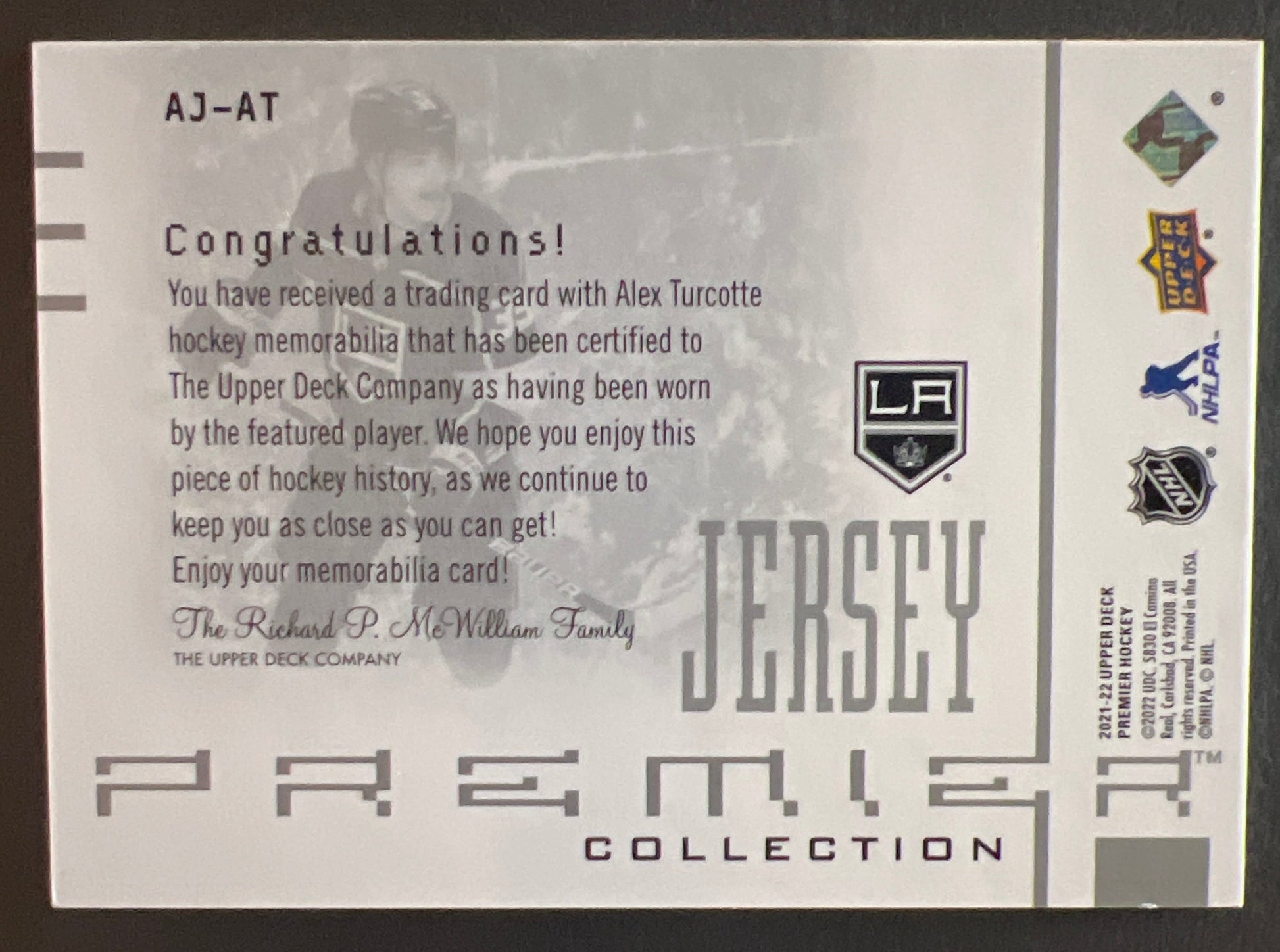 Alex Turcotte Premier Collection Jersey /300 - 2021/22 Upper Deck Premier