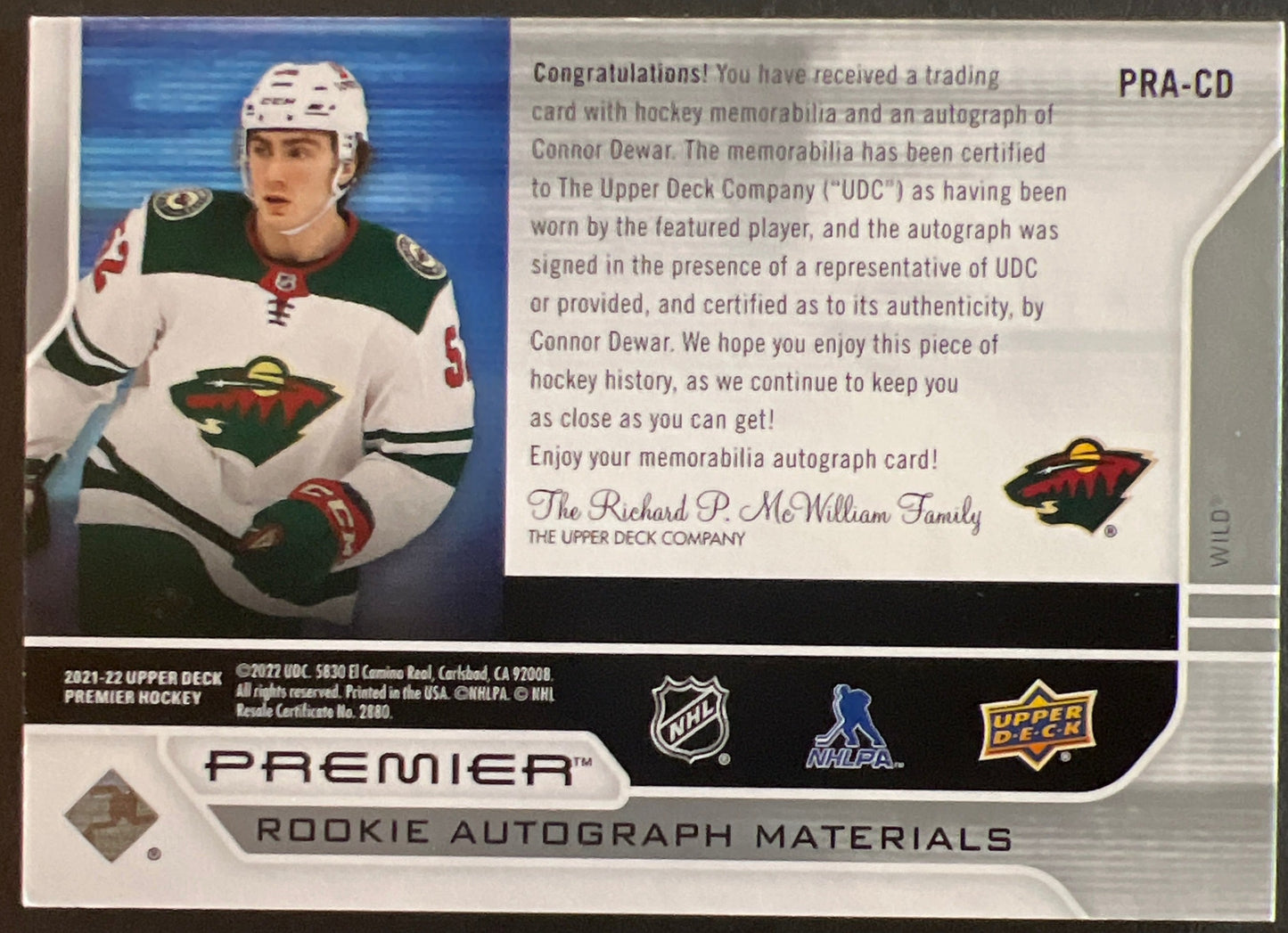 Connor Dewar Rookie Autograph Materials /99 - 2021/22 Premier