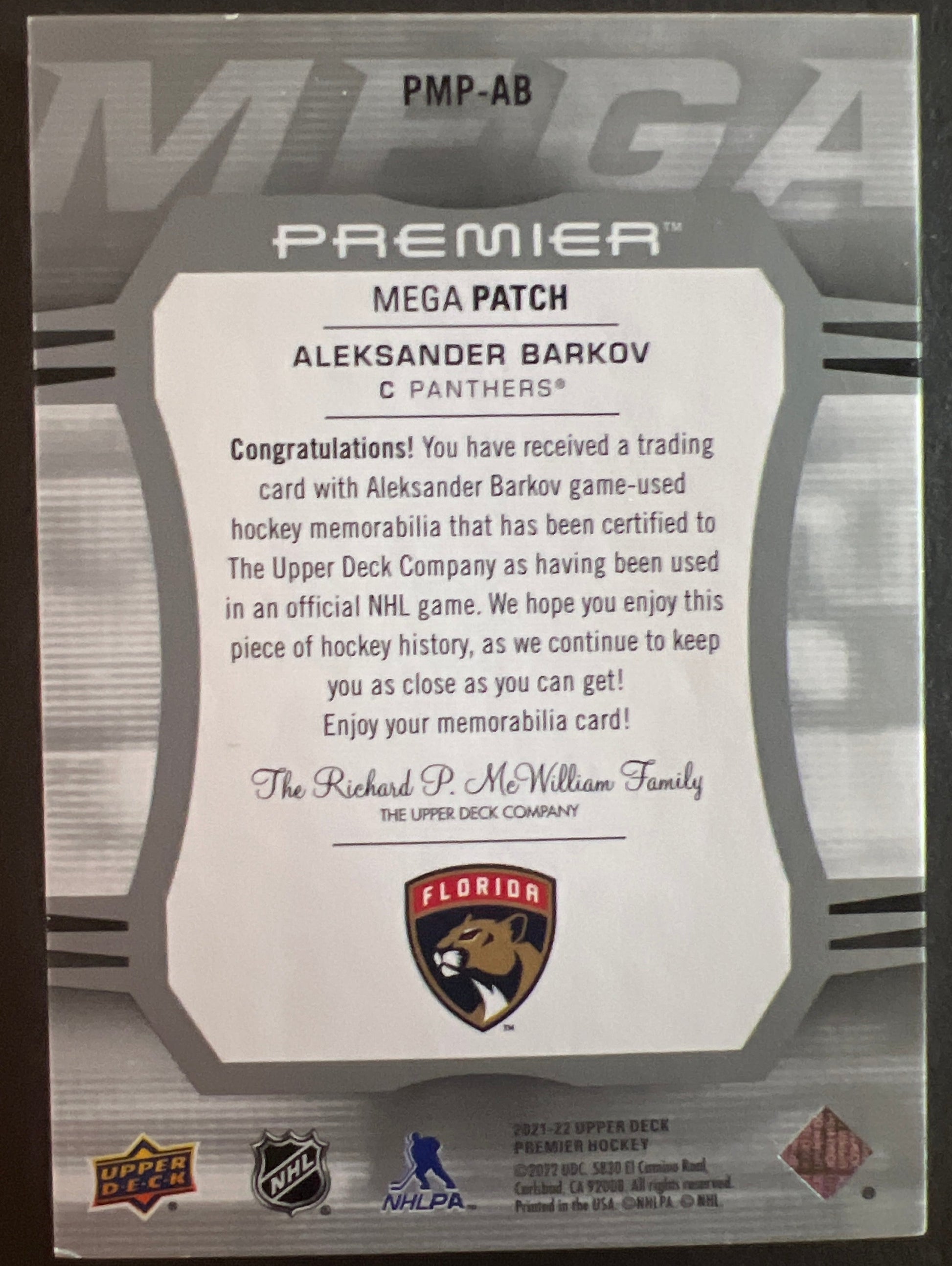 Aleksander Barkov Premier Mega Patch 11/24 - 2021/22 Premier Hockey