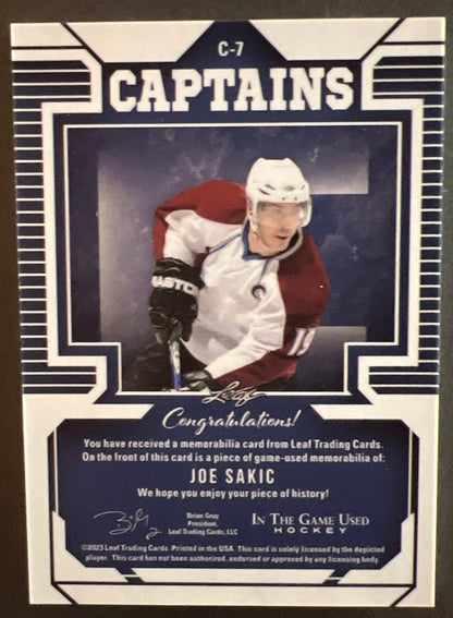 Joe Sakic Captains Patch 2/2 - 2022/23 Leaf In The Game Used