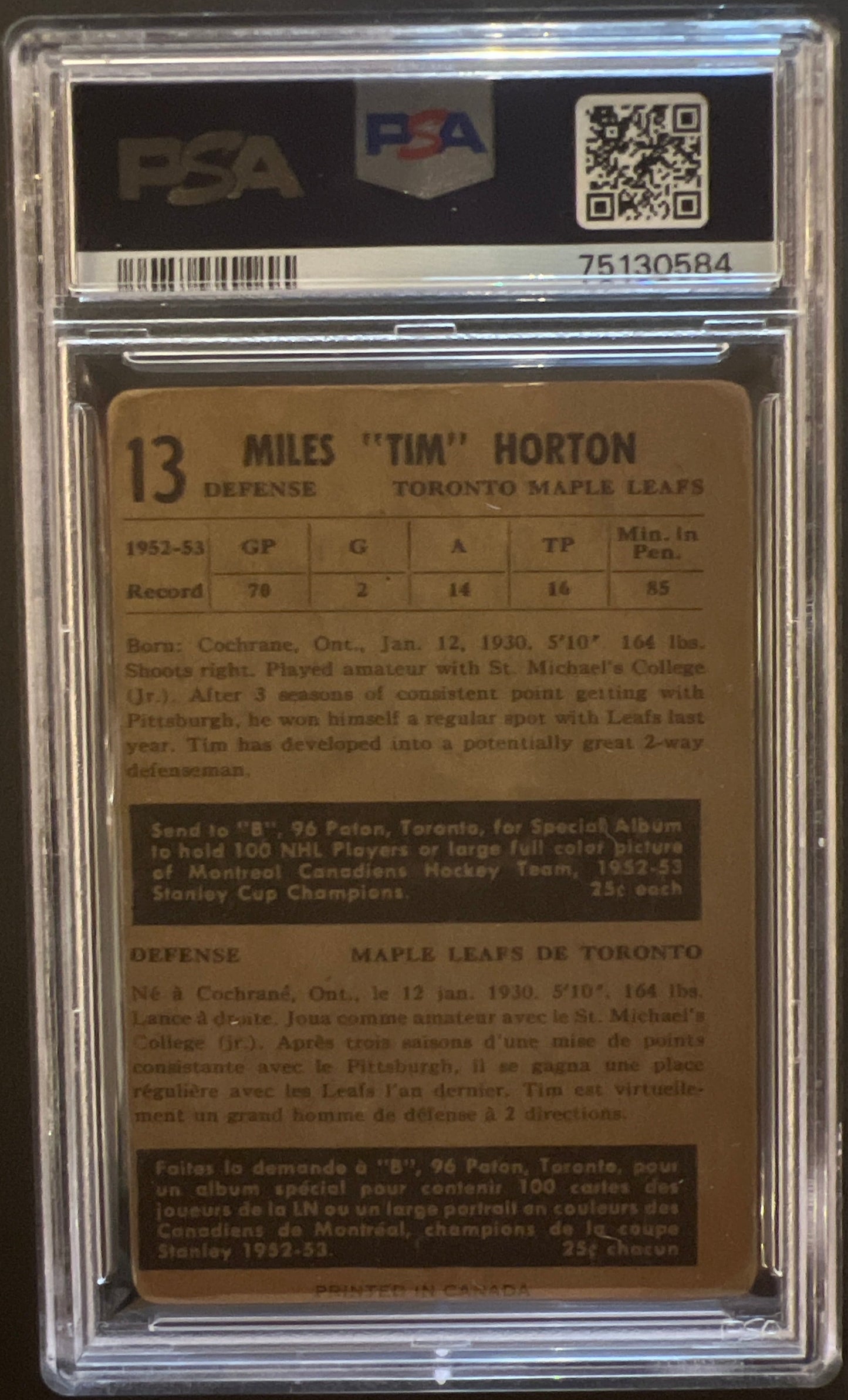 Tim Horton #13 Graded PSA 1 - 1953 Parkhurst