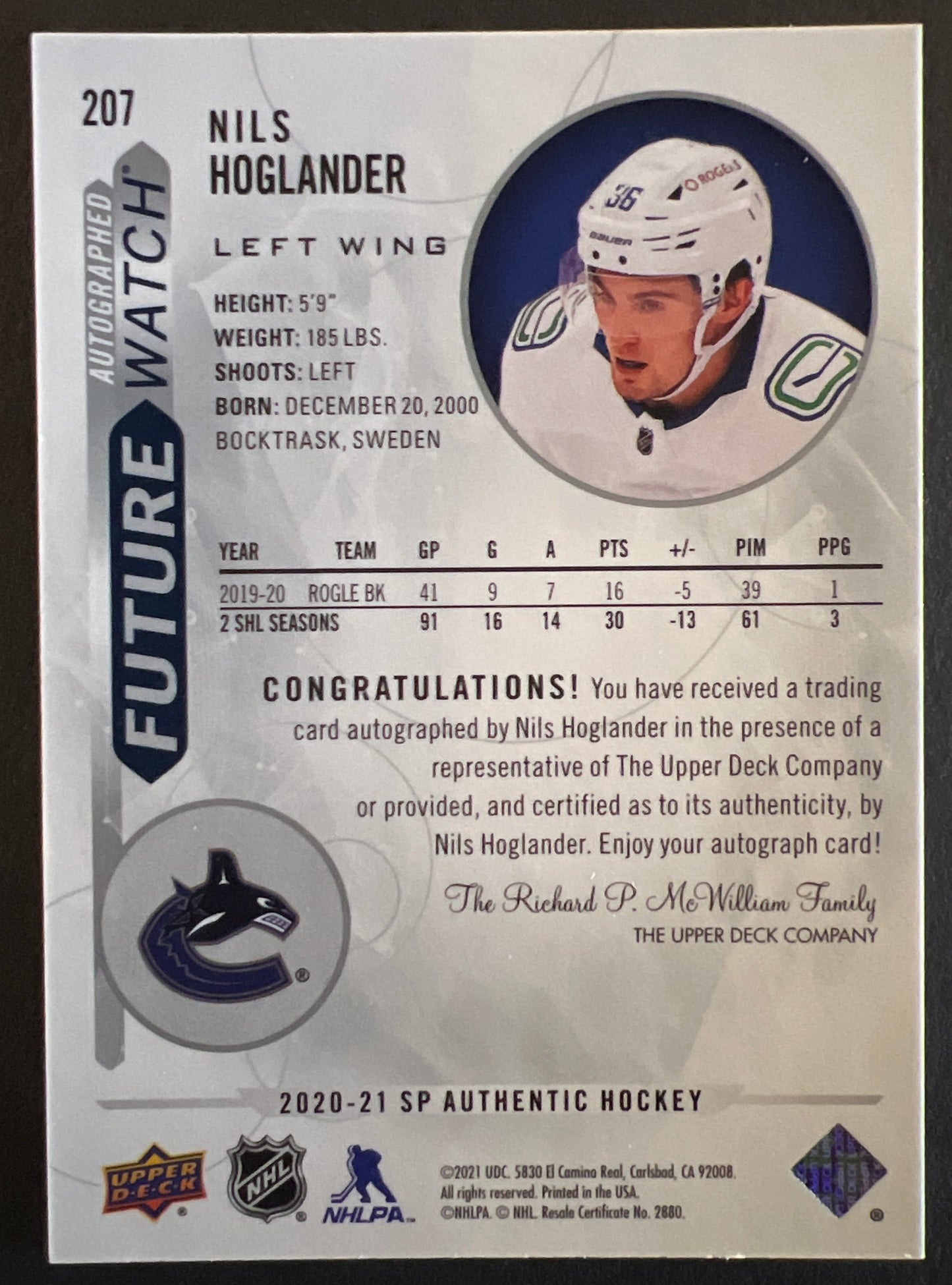 Nils Hoglander Future Watch Auto /999 - 2020/21 SP Authentic