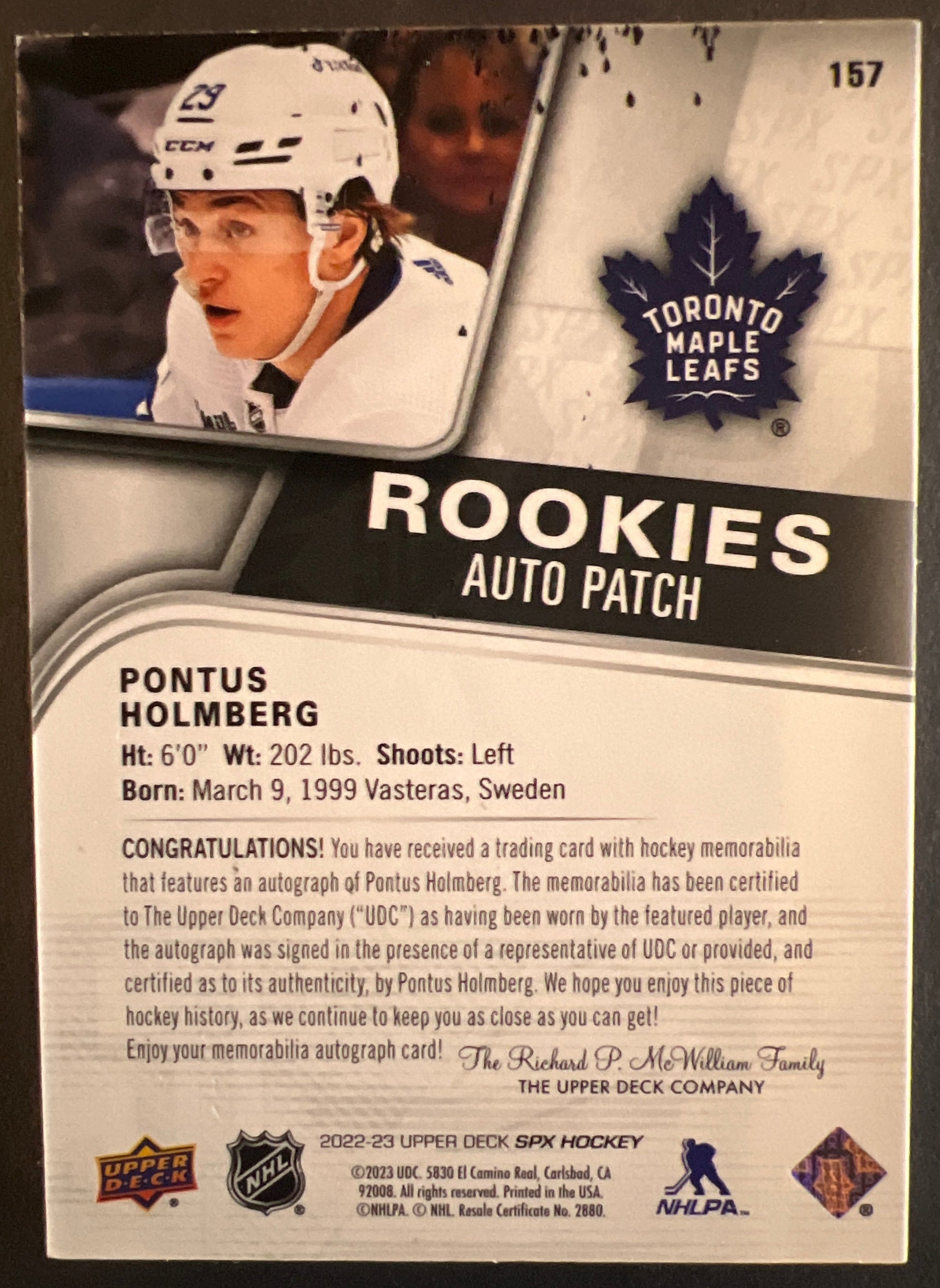 Pontus Holmberg Rookie Auto Patch /49 - 2022/23 SPX