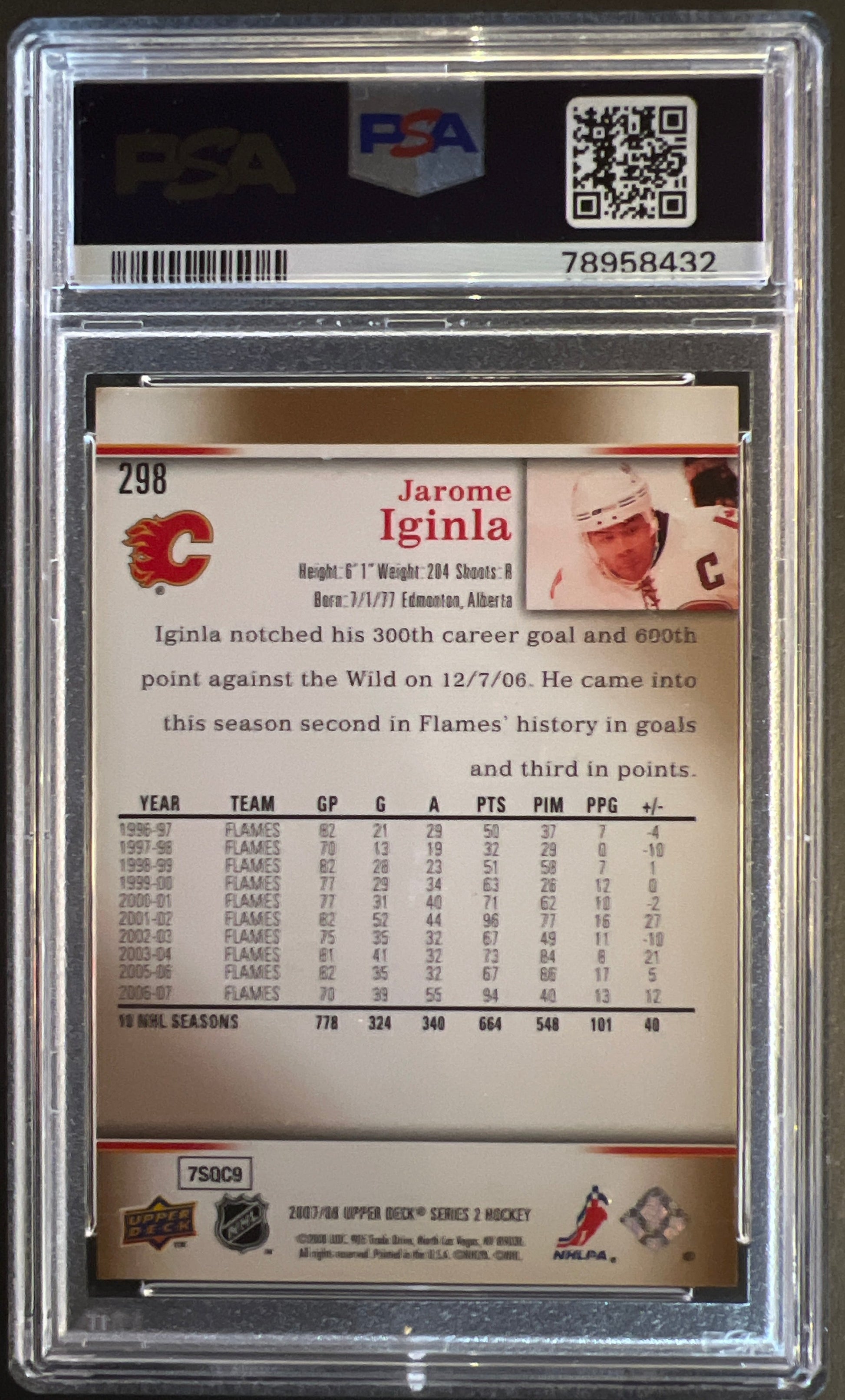 Jarome Iginla #298 Autographed - PSA Authenticated  - 2007 Upper Deck