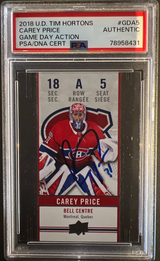 Carey Price Game Day Action Autograph - PSA Authenticated  - 2018 Tim Horton's