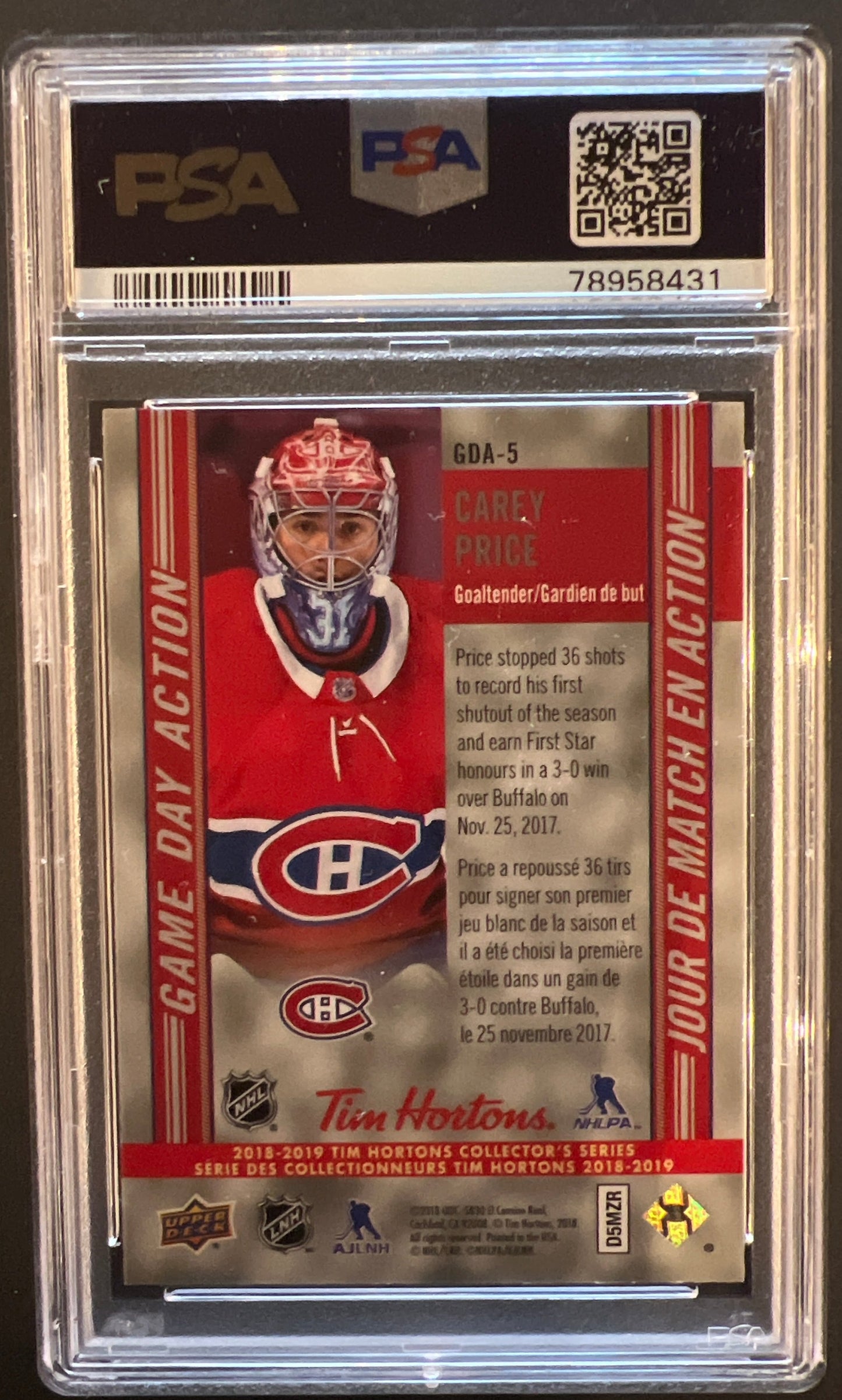 Carey Price Game Day Action Autograph - PSA Authenticated  - 2018 Tim Horton's