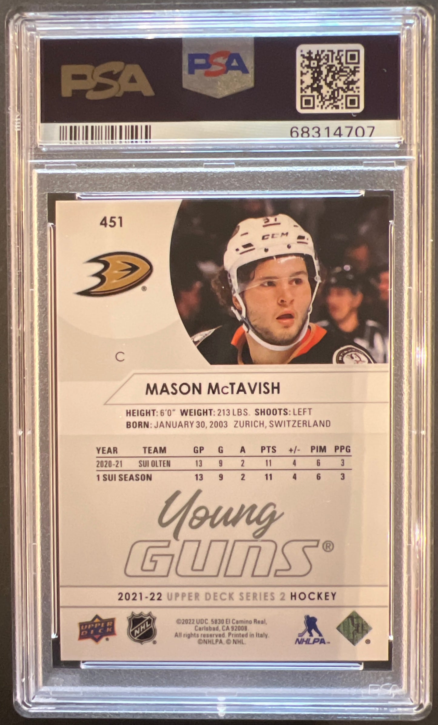 Mason McTavish Young Guns (Rookie) #451 Graded PSA 10 - 2021/22 Series 2