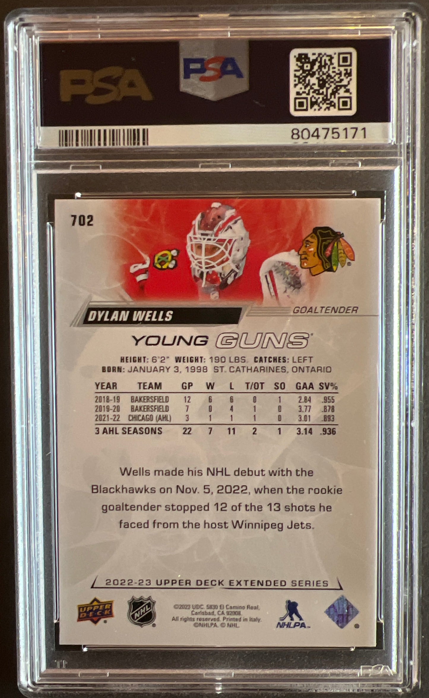 Dylan Wells Young Guns (Rookie) #702 Graded PSA 9 - 2022/23 Extended