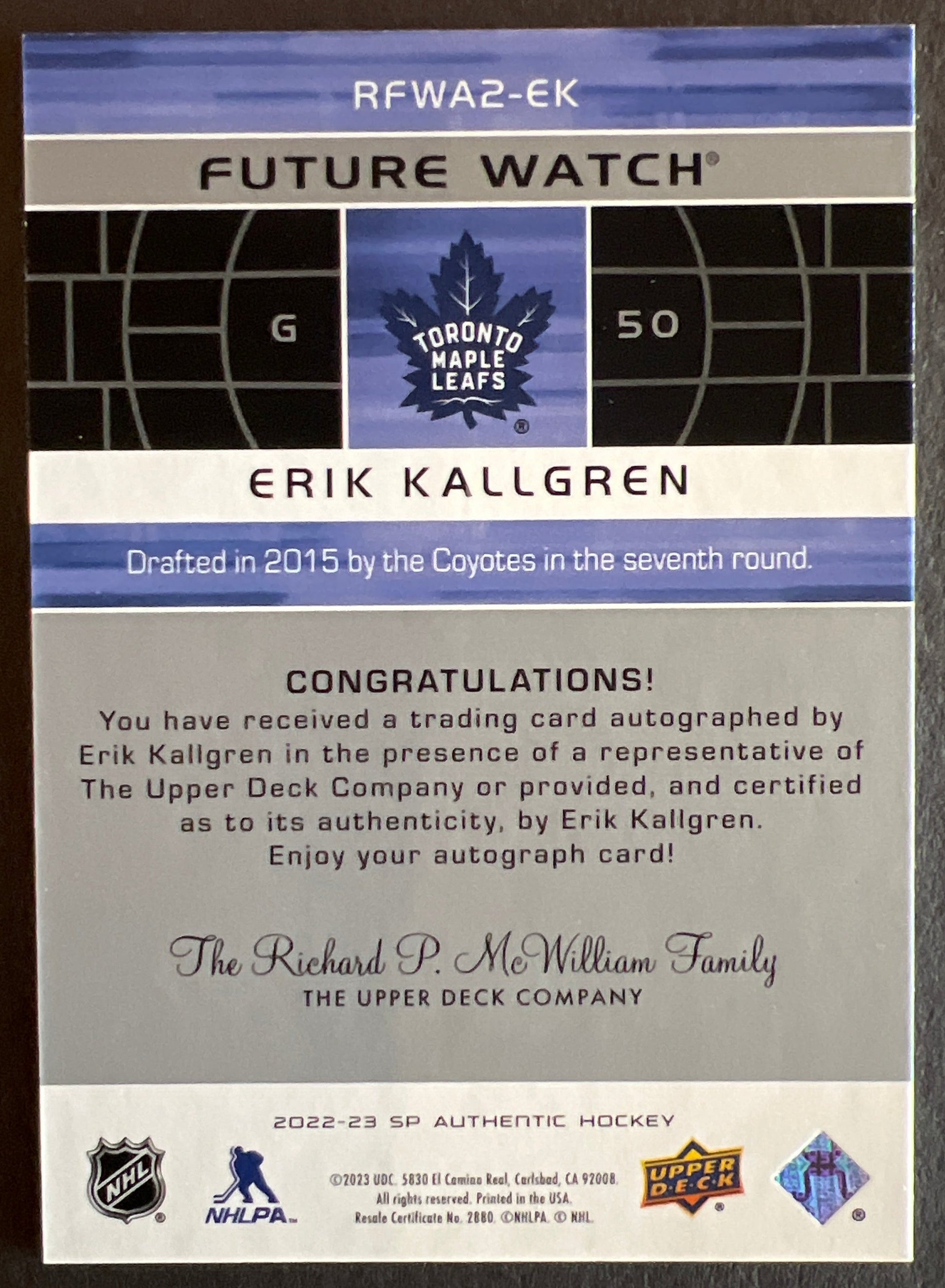 Erik Kallgren 02-03 Retro Future Watch Auto /399 - 2022/23 SP Authentic