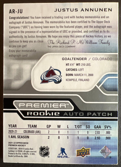 Justus Annunen Premier Rookie Auto Patch /249 - 2021/22 Premier