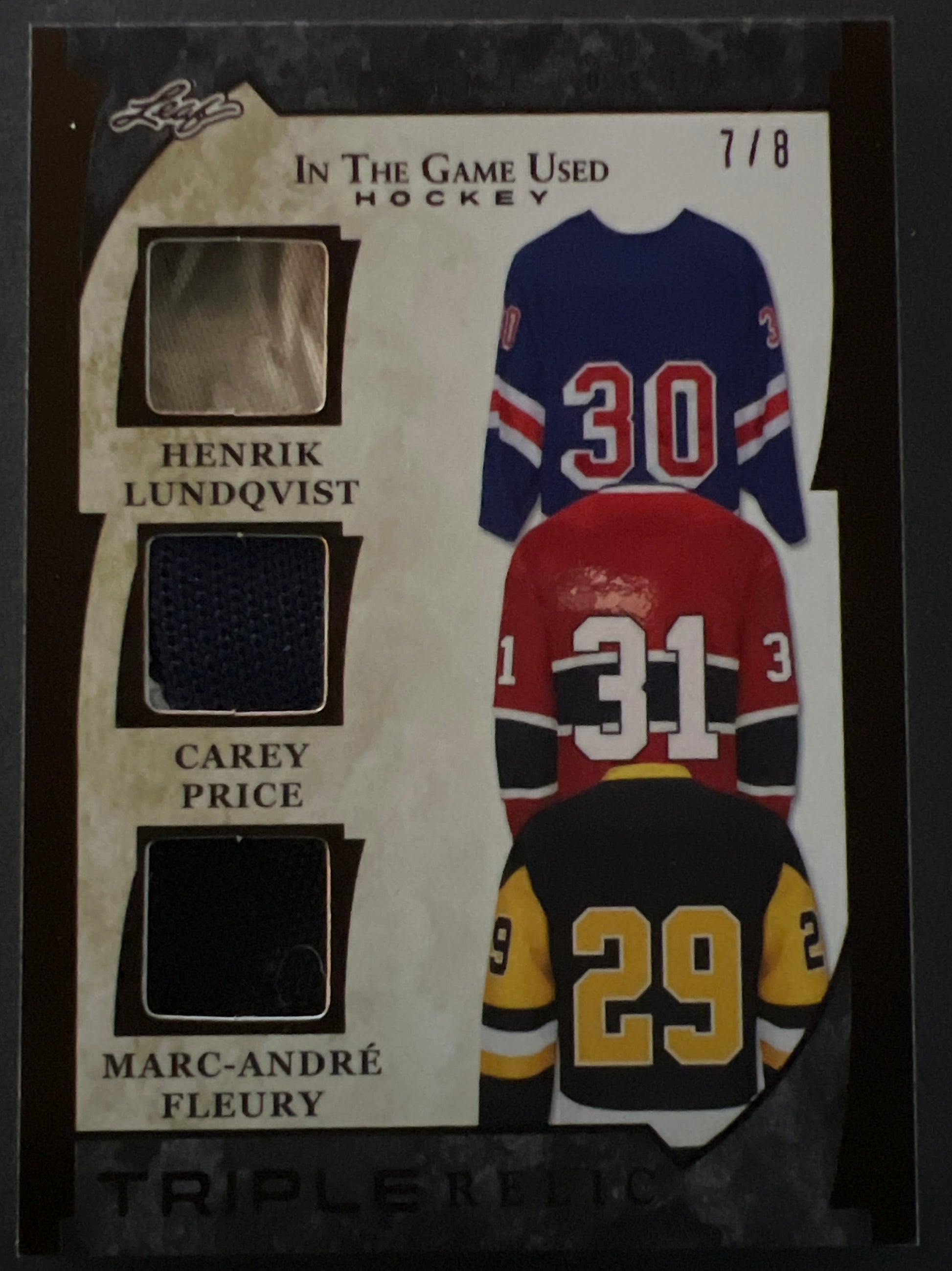 Lundqvist / Price / Fleury Triple Relic /8 - 2022/23 Leaf In The Game Used