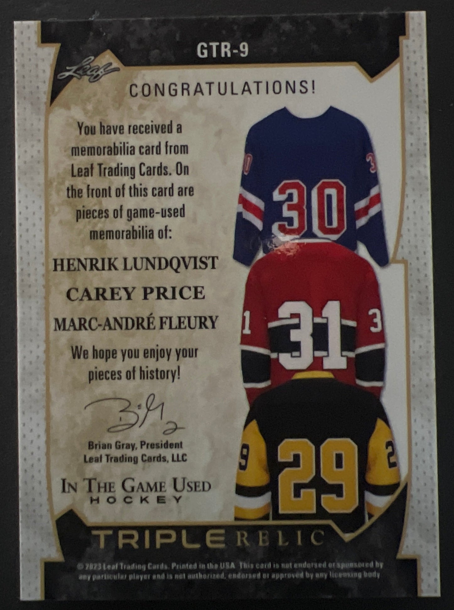 Lundqvist / Price / Fleury Triple Relic /8 - 2022/23 Leaf In The Game Used