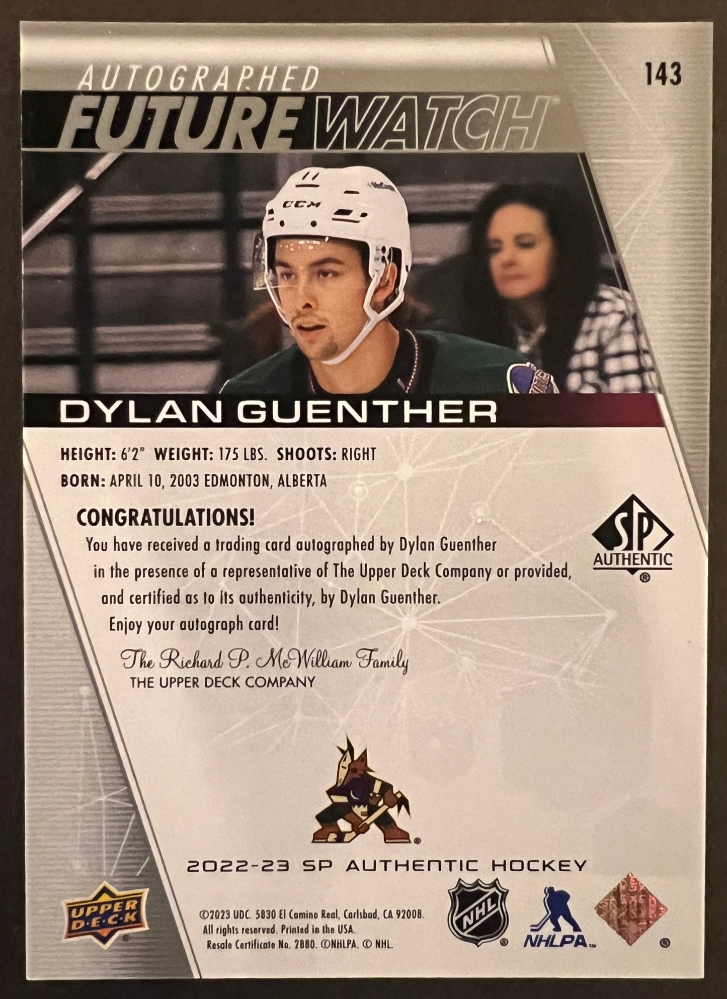 Dylan Guenther Future Watch Auto /999- 2022/23 SP Authentic