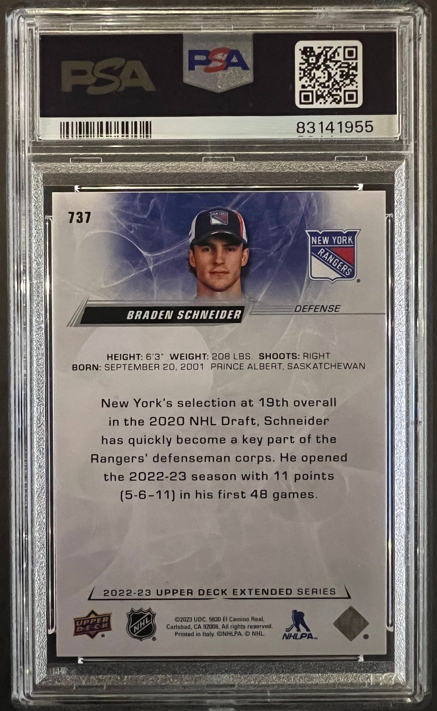 Braden Schneider 1st Round Draft Exclusives /100 Graded PSA 9 - 2022/23 Extended