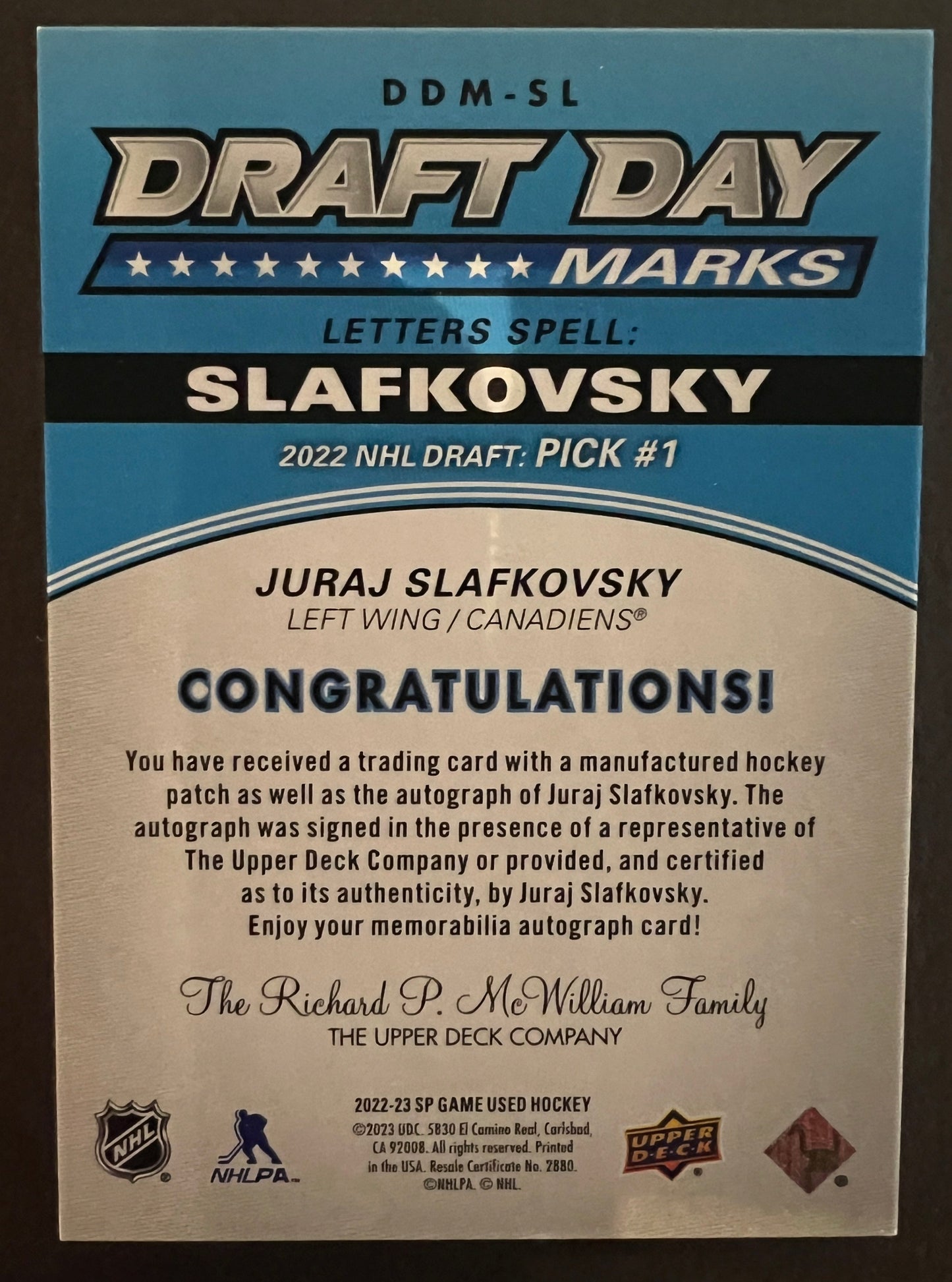 Juraj Slafkovsky Draft Day Marks Auto /35 - 2022/23 SP Game Used