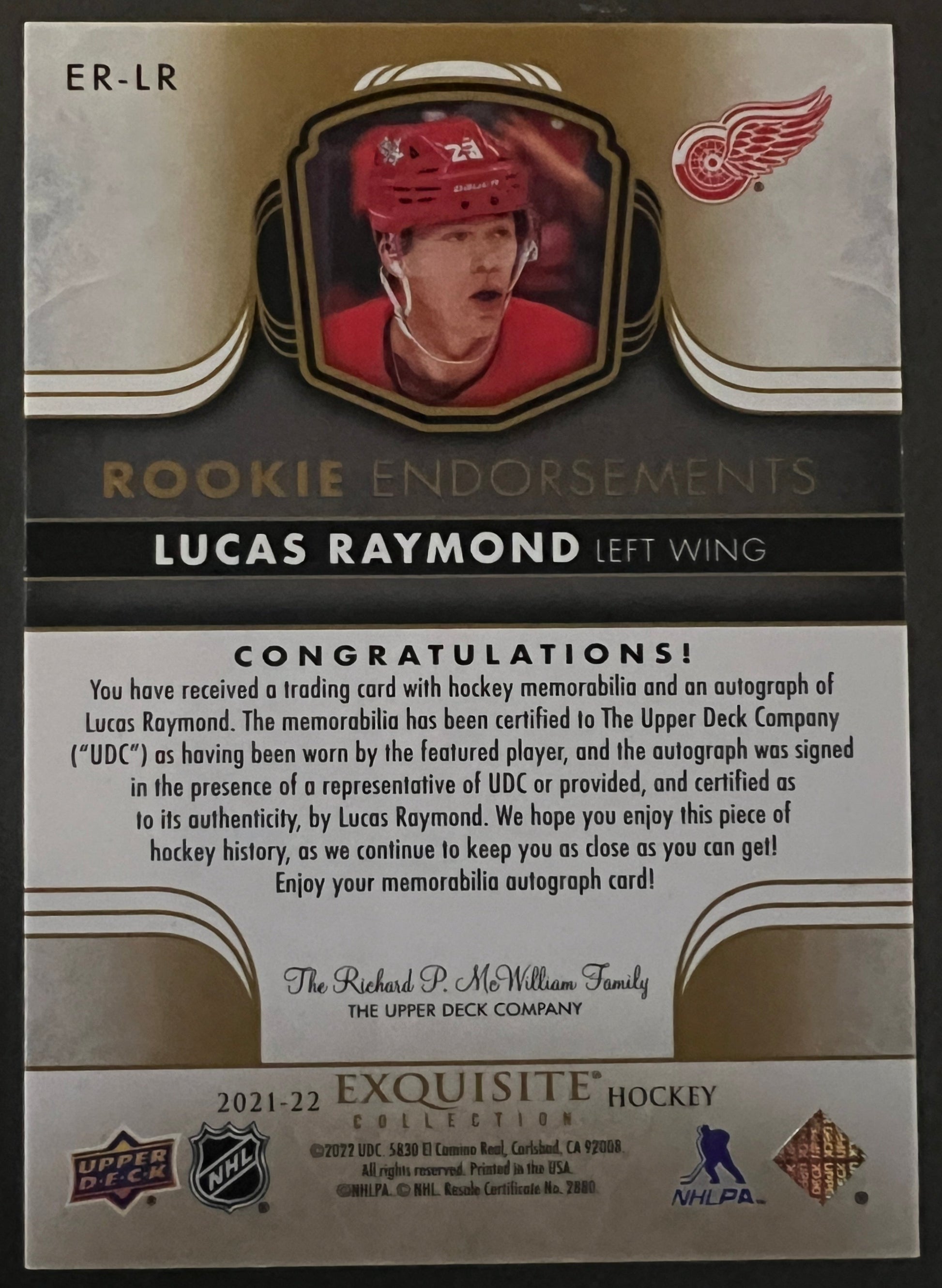 Lucas Raymond Rookie Endorsements Auto Patch /50- 2021/22 The Cup