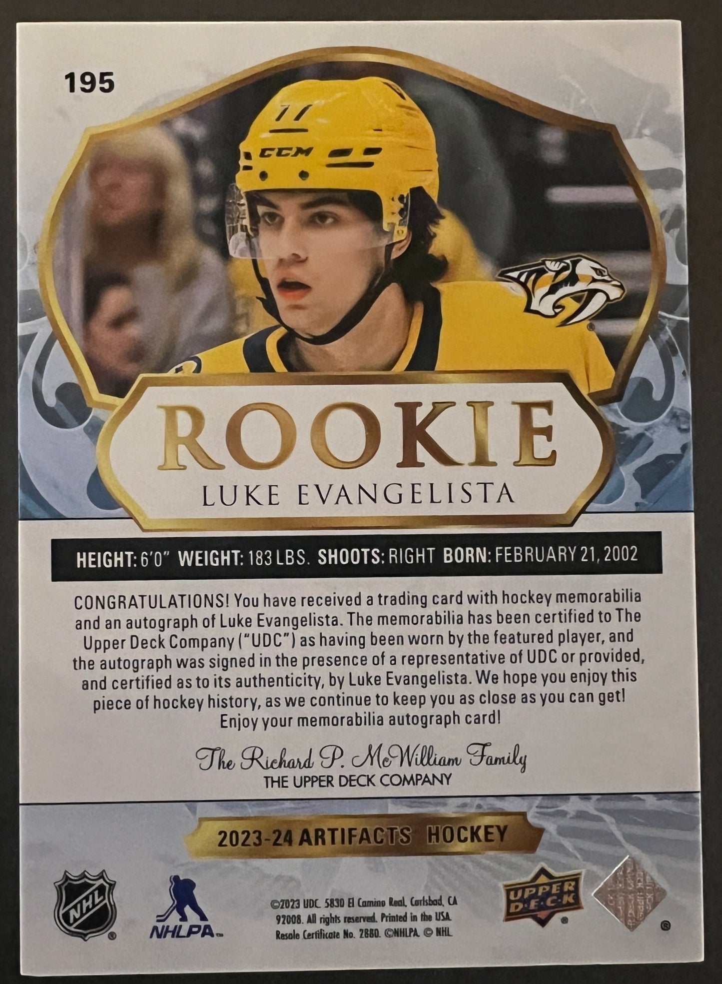 Luke Evangelista Dual Fight Strap Rookie Auto /5 -2023/24 Artifacts