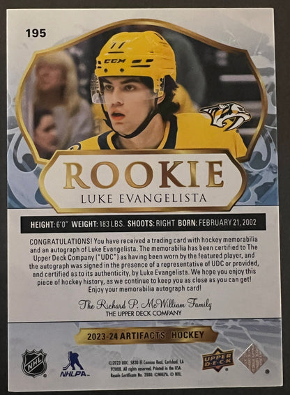 Luke Evangelista Dual Fight Strap Rookie Auto /5 -2023/24 Artifacts