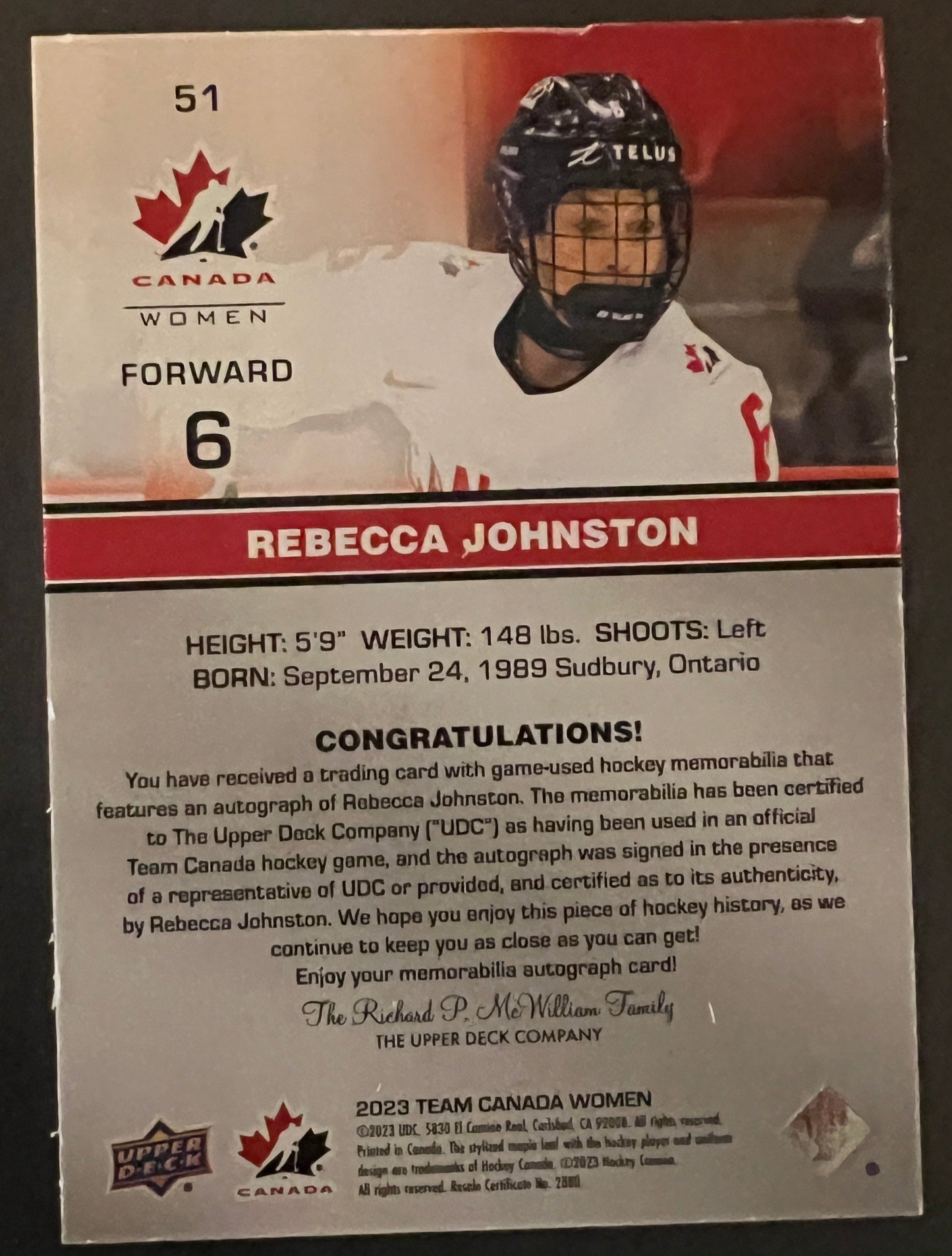 Rebecca Johnston Premium Autograph Patch Auto /175 - 2023 Team Canada