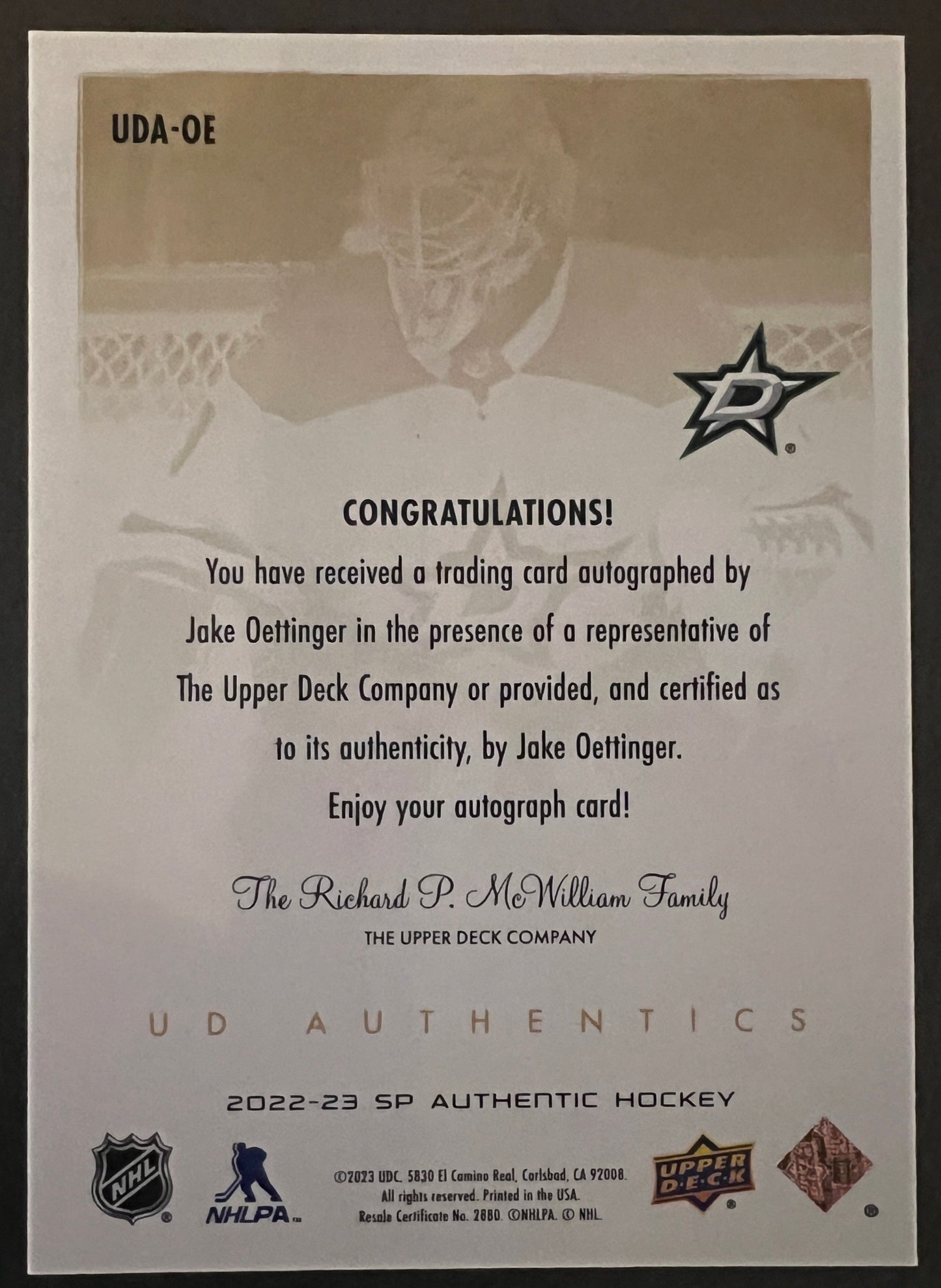 Jake Oettinger UD Authentics Auto - 2022/23 SP Authentic