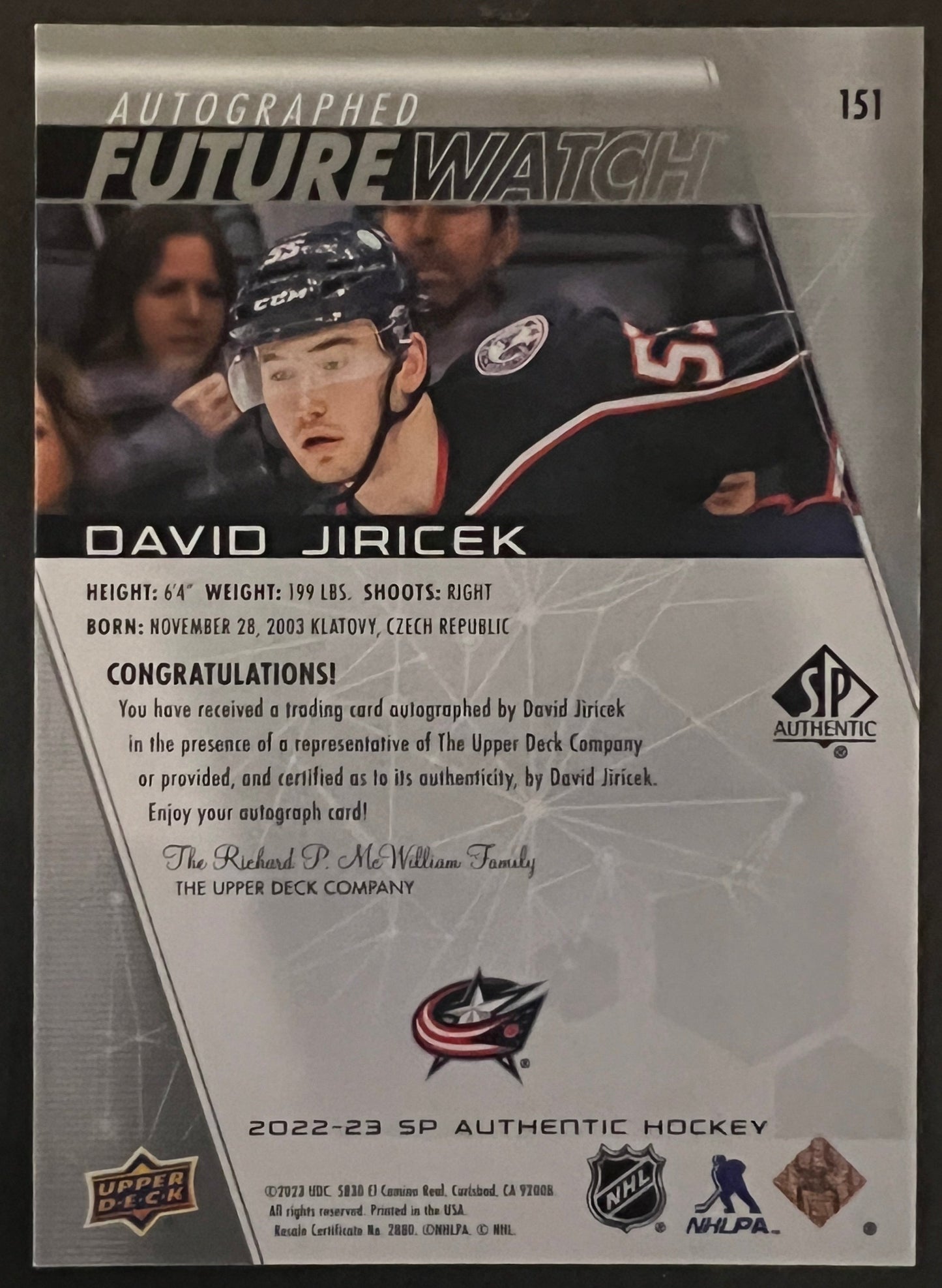 David Jiricek Future Watch Auto /999 - 2022/23 SP Authentic