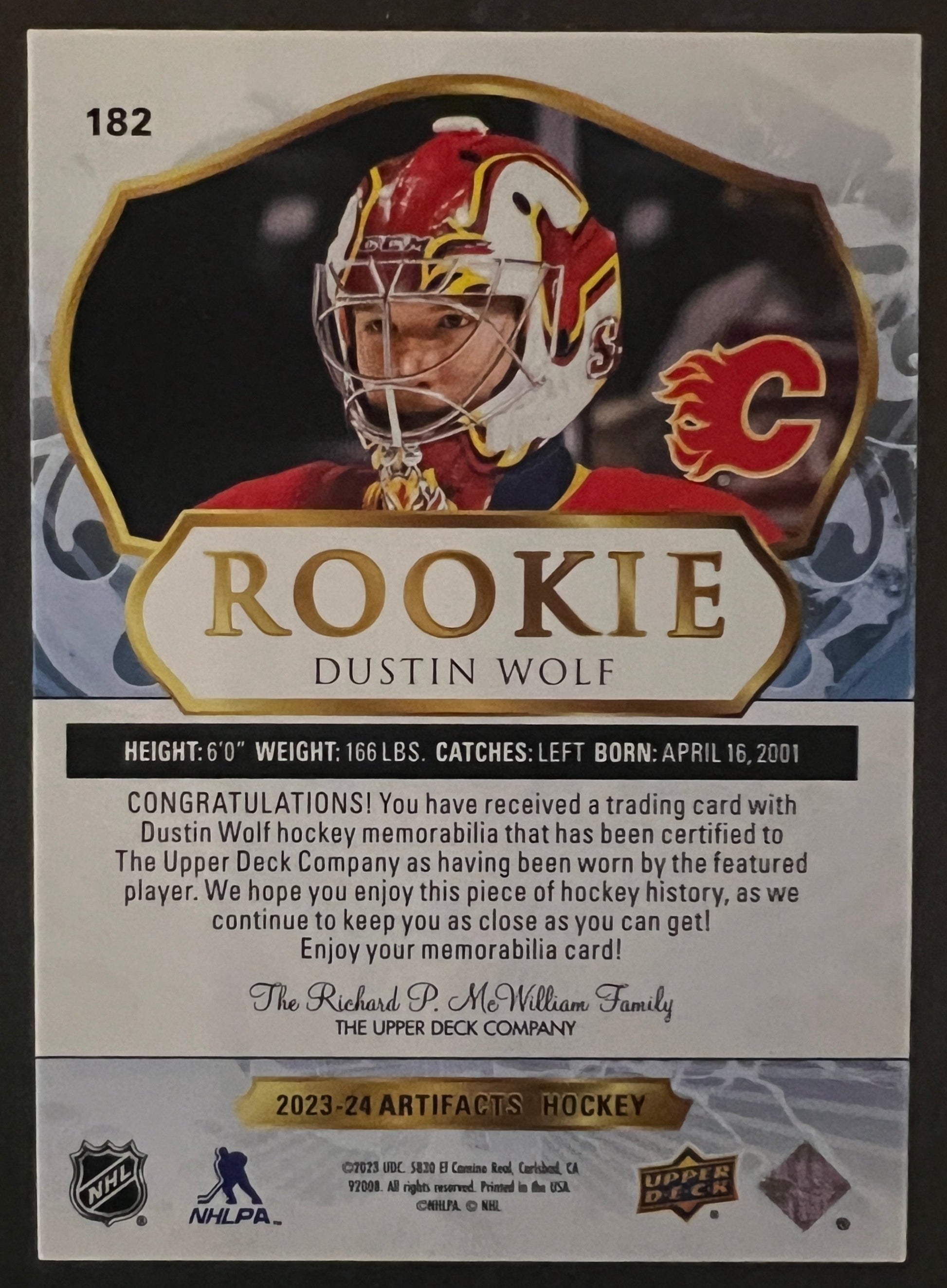 Dustin Wolf Dual Jersey Rookie /599 - 2023/24 Artifacts