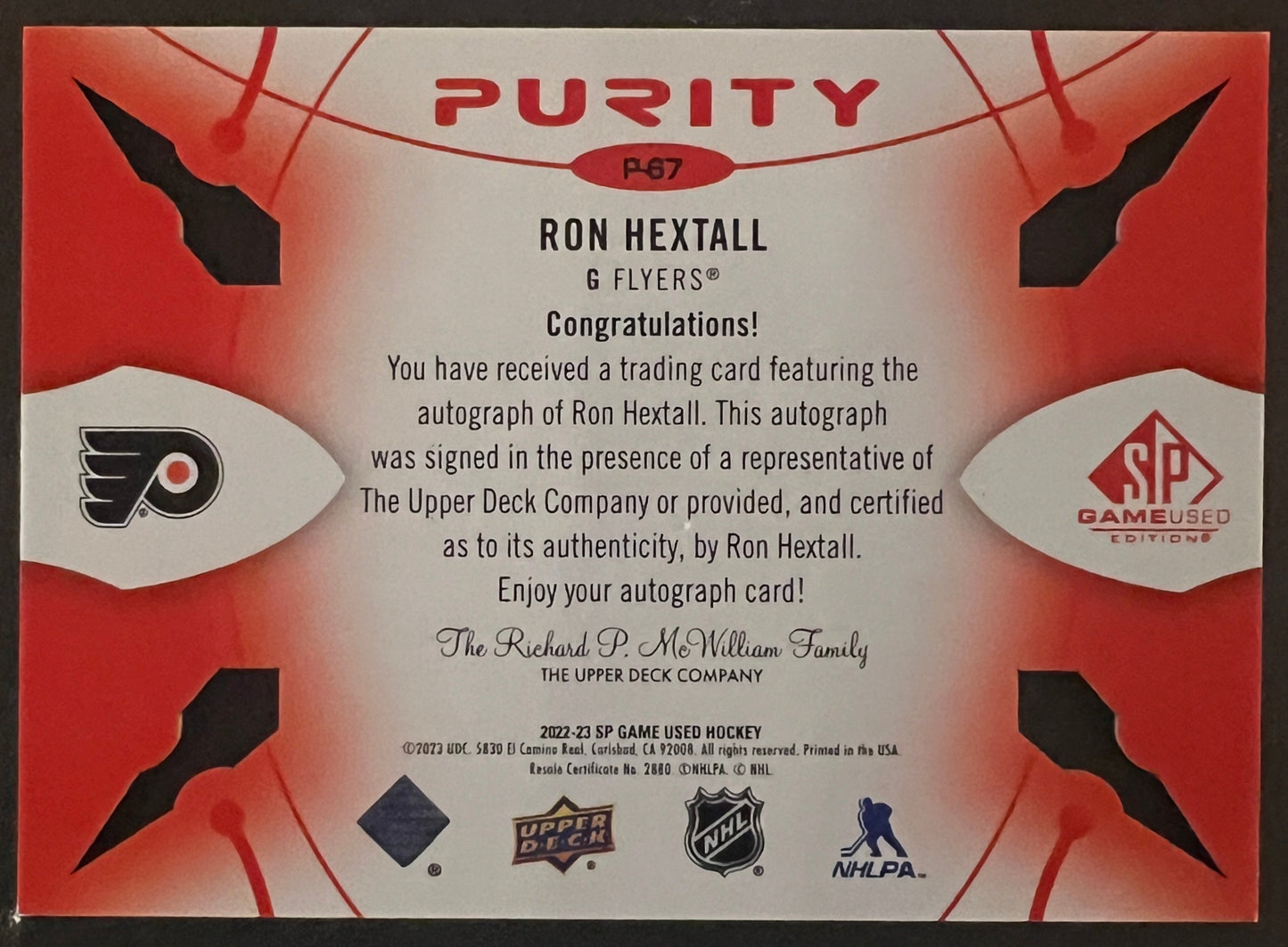 Ron Hextall Purity Autograph Red /49 - 2022/23 SP Game Used