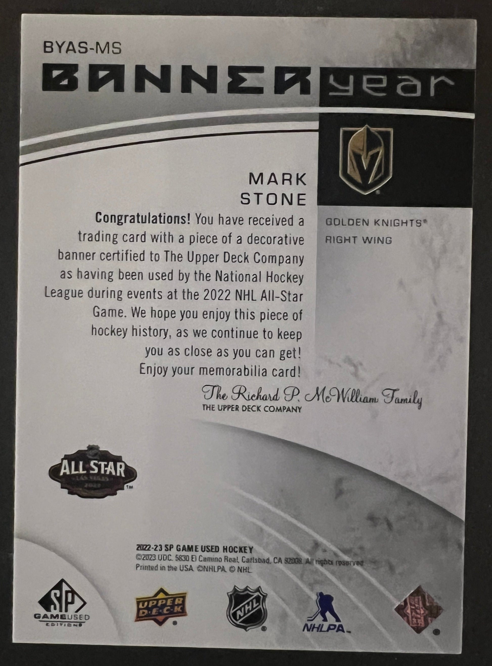 Mark Stone All Star Banner - Banner Year - 2022/23 SP Game Used