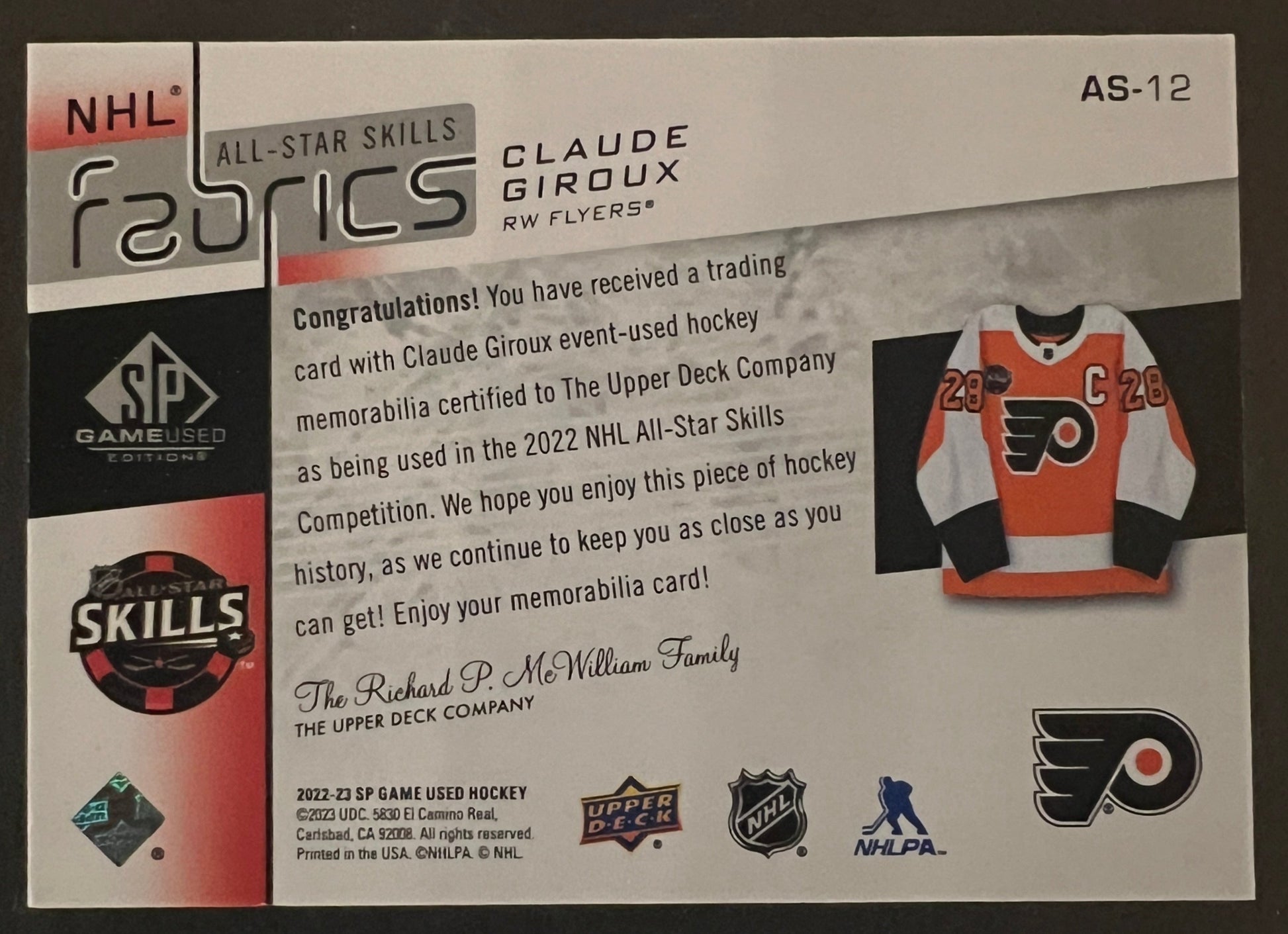 Claude Giroux Jersey All-Star Skills Fabrics - 2022/23 SP Game Used