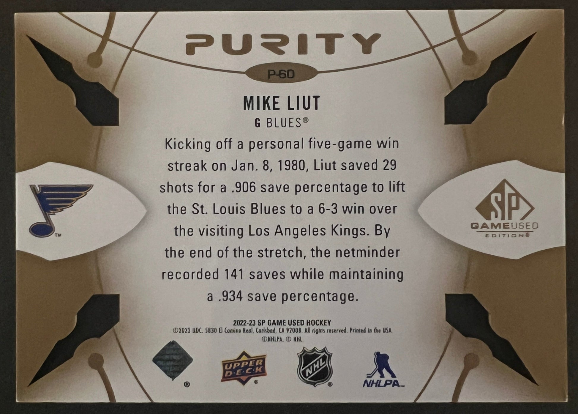 Mike Liut Purity Gold /35 - 2022/23 SP Game Used