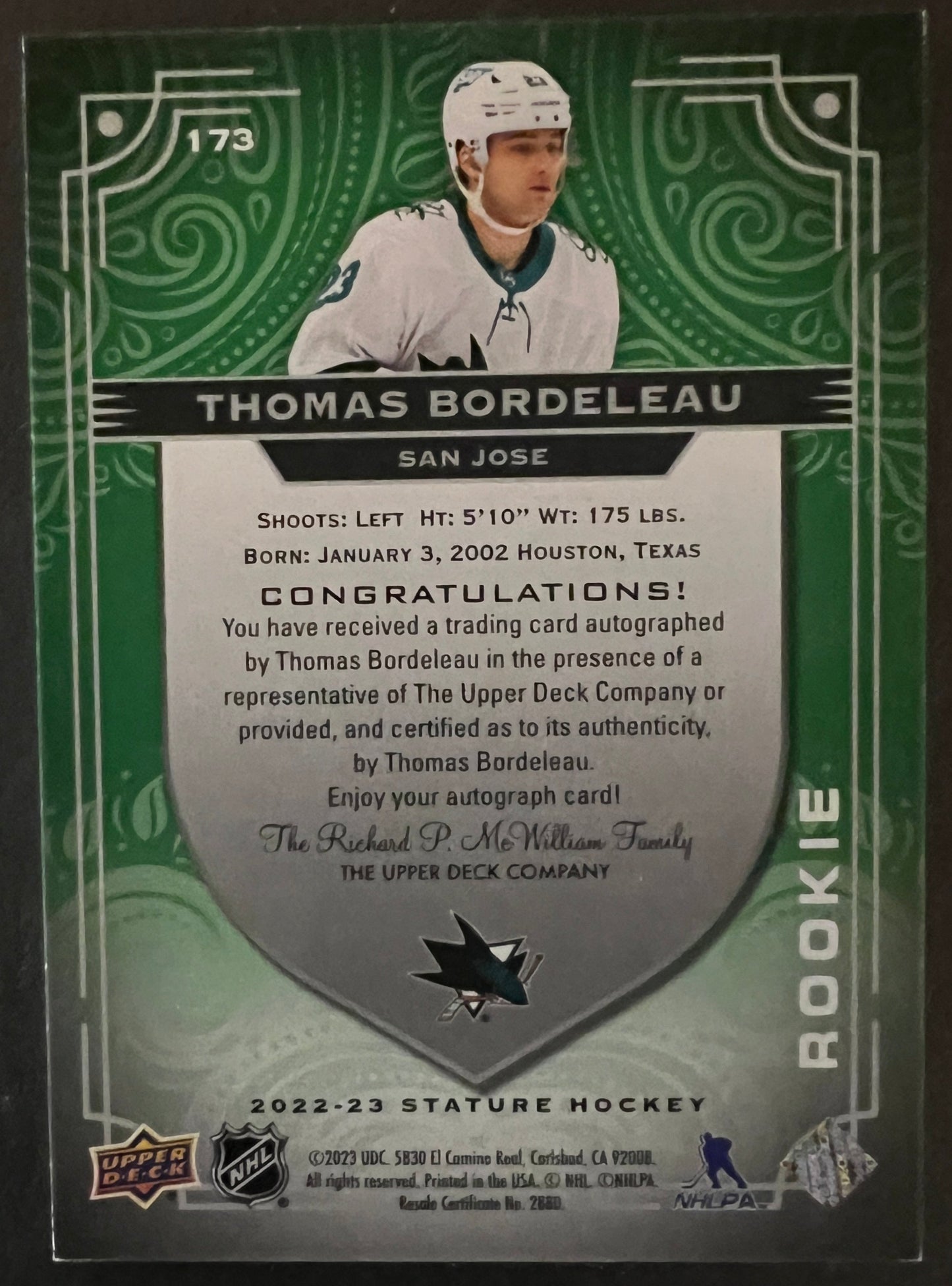 Thomas Bordeleau Photo Variant Rookie Autograph Green /20 - 2022/23 Stature