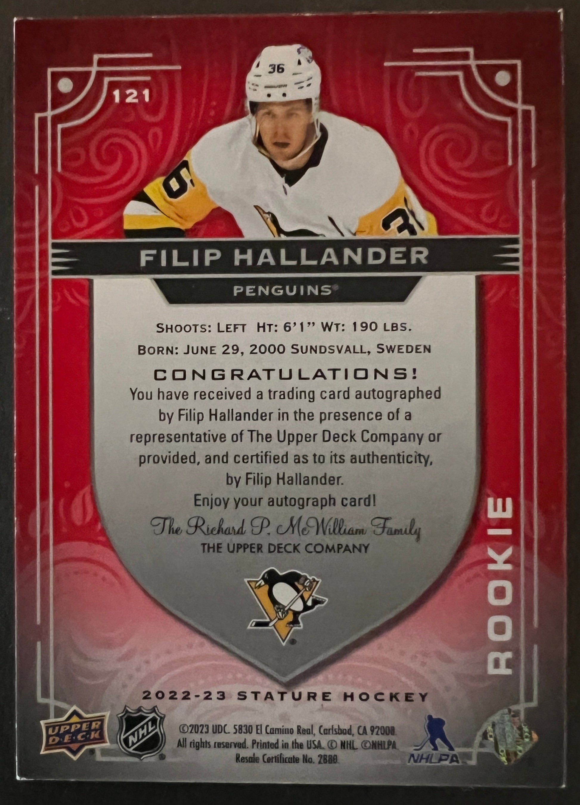 Filip Hallander Rookie Auto Red - 2022/23 Stature