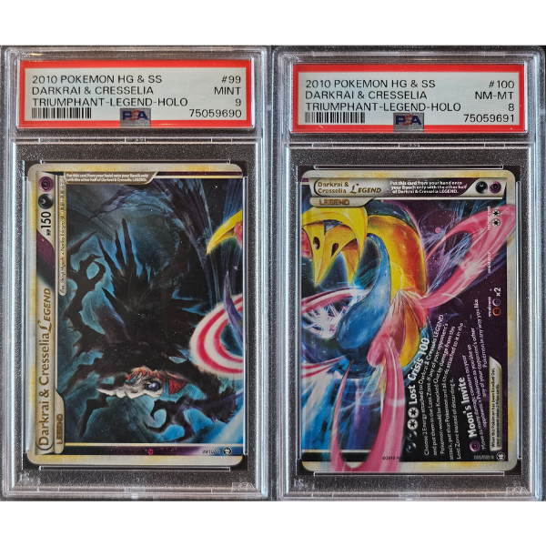 Darkrai & Cresselia Legen Pair - Top and Bottom - 99  & 100 Graded PSA 9 & 8 - 2010 Pokemon HG & SSDarkrai & Cresselia Legend Pair - Top and Bottom - 99  & 100 Graded PSA 9 & 8 - 2010 Pokemon HG & SS