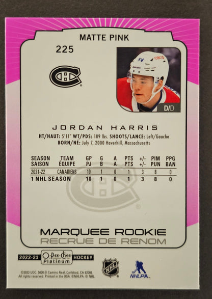 Jordan Harris Marquee Rookie Matte Pink - 2022/23 O-Pee-Chee Platinum