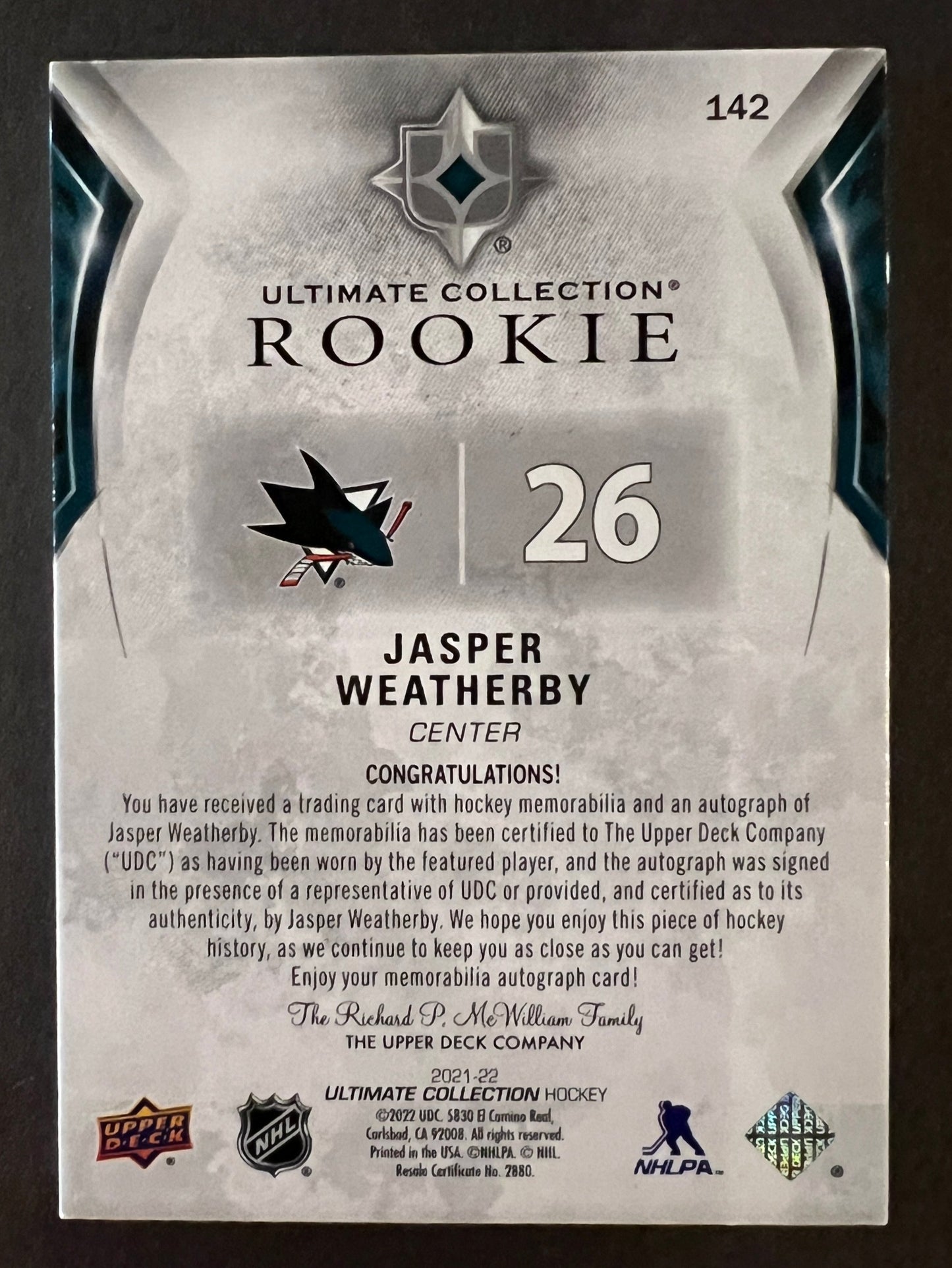 Jasper Weatherby Rookie Patch Auto /99 - 2022/23 Black Diamond