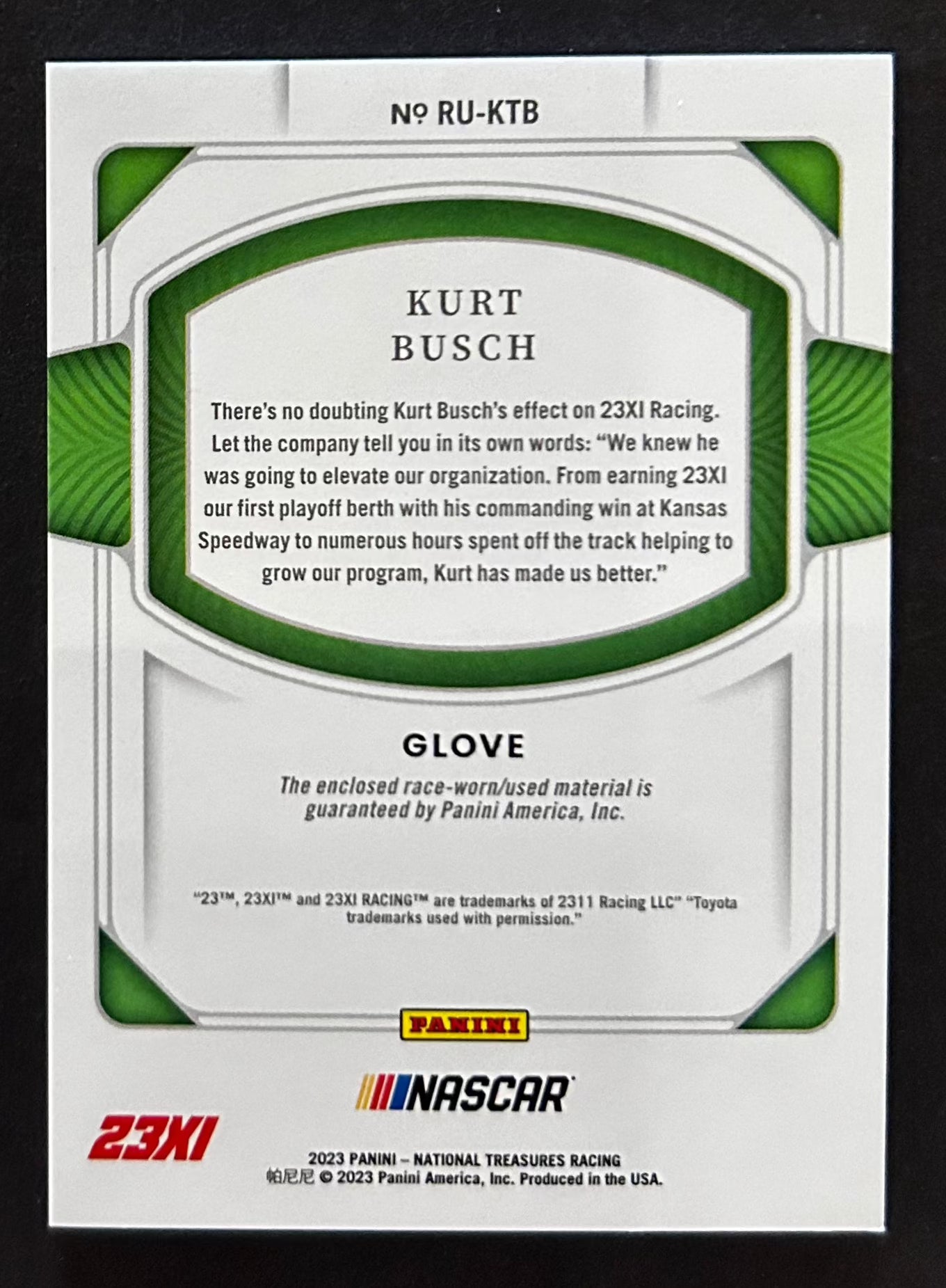 Kurt Busch Race Used Glove /25 - 2023 Panini National Treasures 