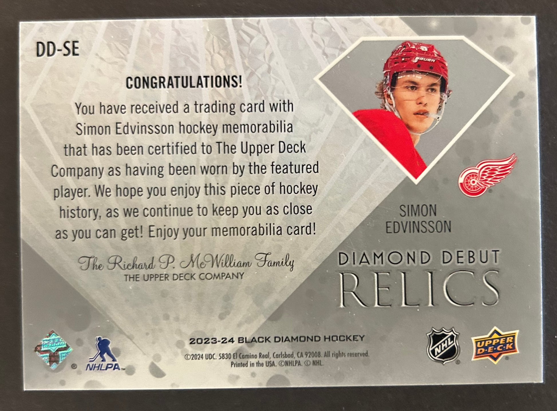 Simon Edvinsson Diamond Debut Relics Jersey Patch - 2023/24 Black Diamond