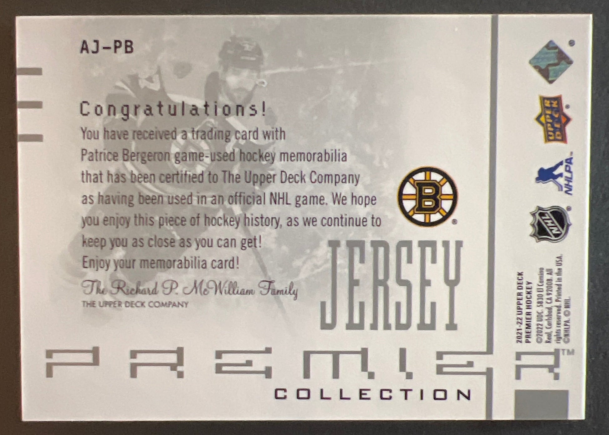 Patrice Bergeron Premier Jersey Collection /300 - 2021/22 Premier