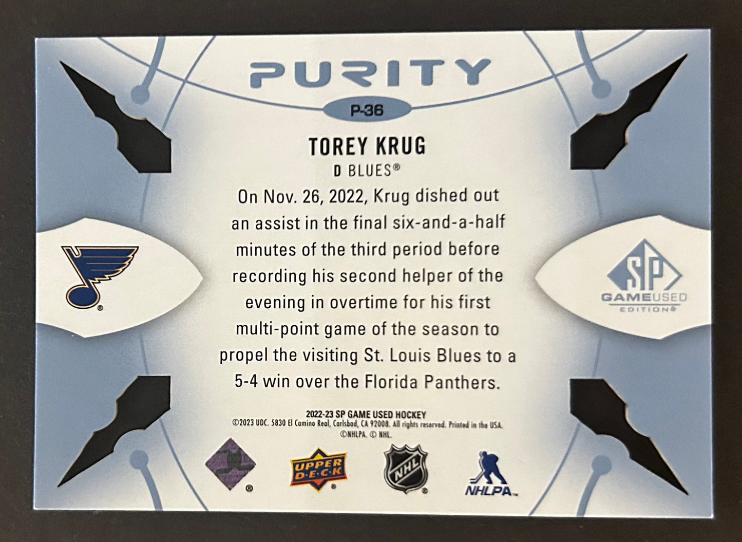 Torey Krug Purity Blue /150 - 2022/23 SP Game Used