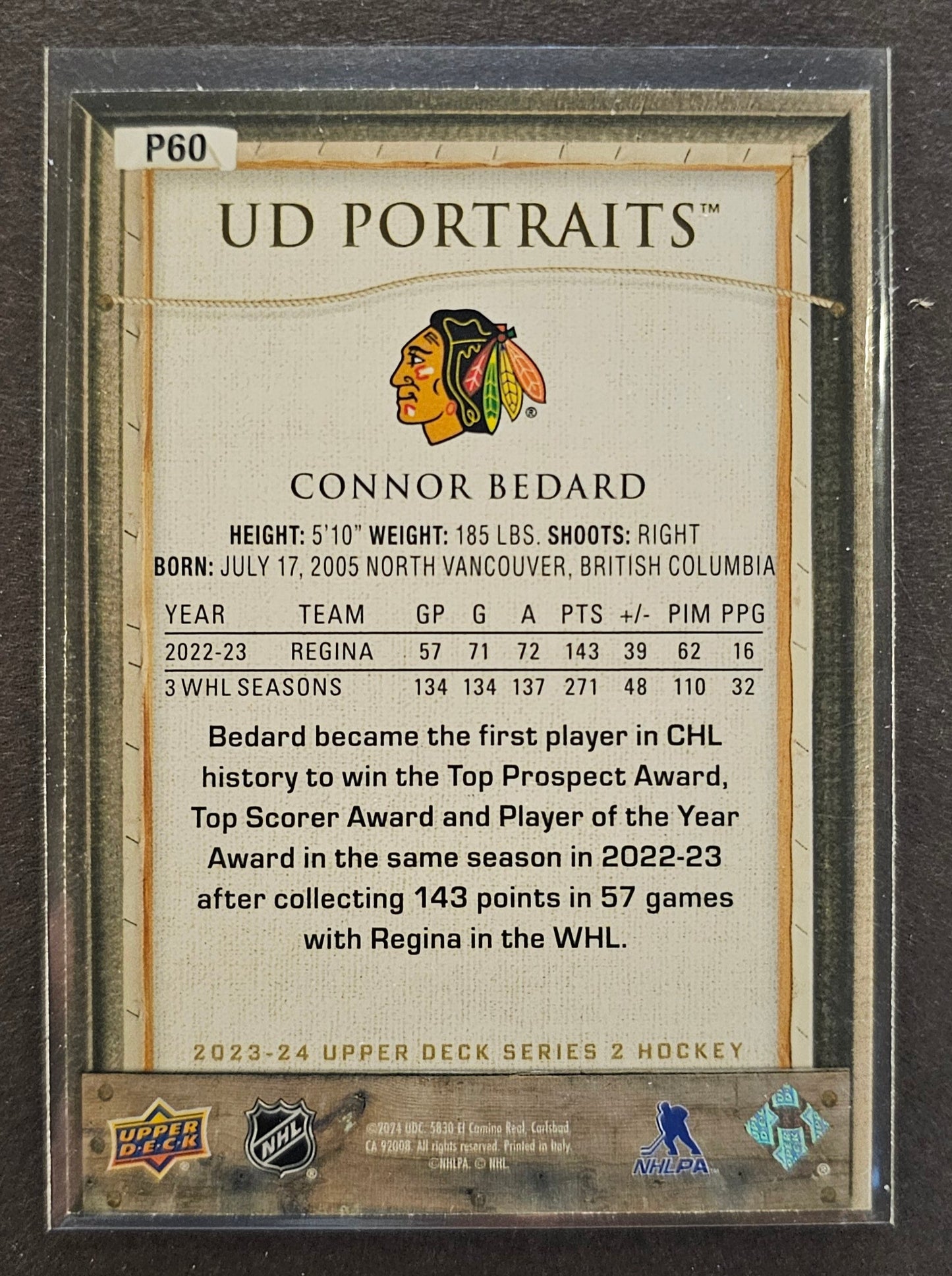 Connor Bedard UD Potraits Rookie - 2023/24 Series 2