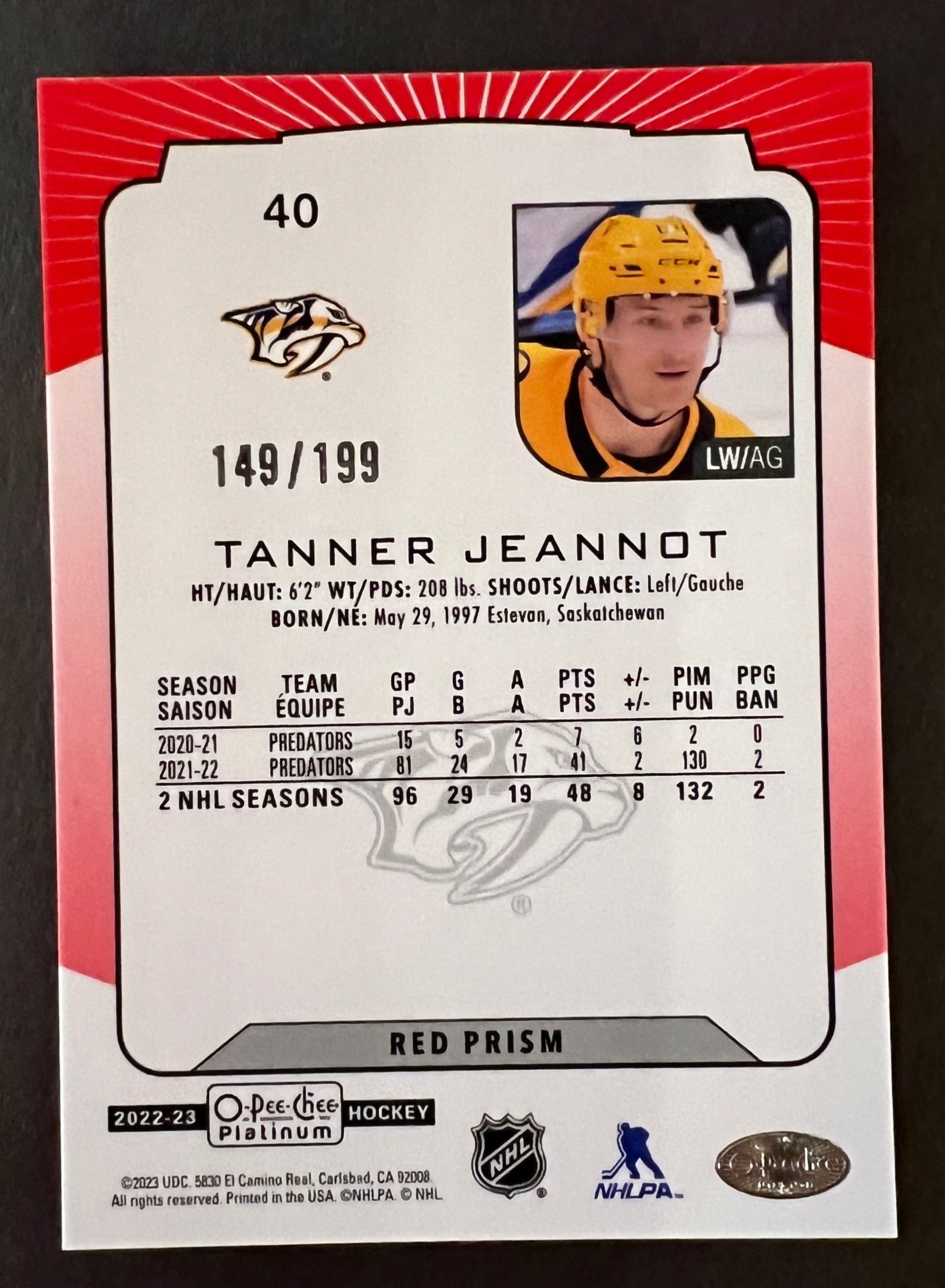 Tanner Jeannot Red Prism /199 - 2022/23 O-Pee-Chee Platinum