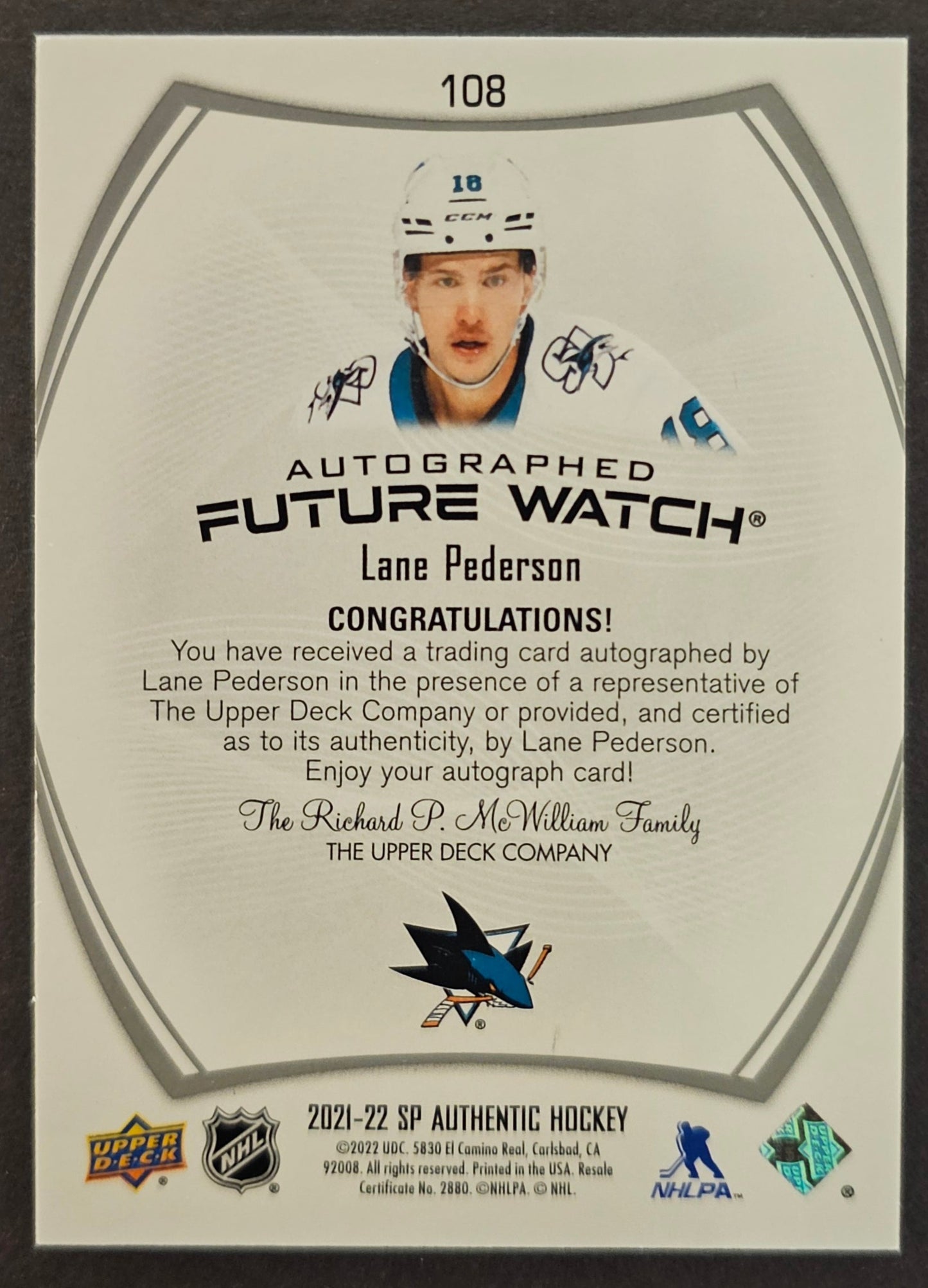 Lane Pederson Future Watch Auto /999 - 2021/22 SP Authentic