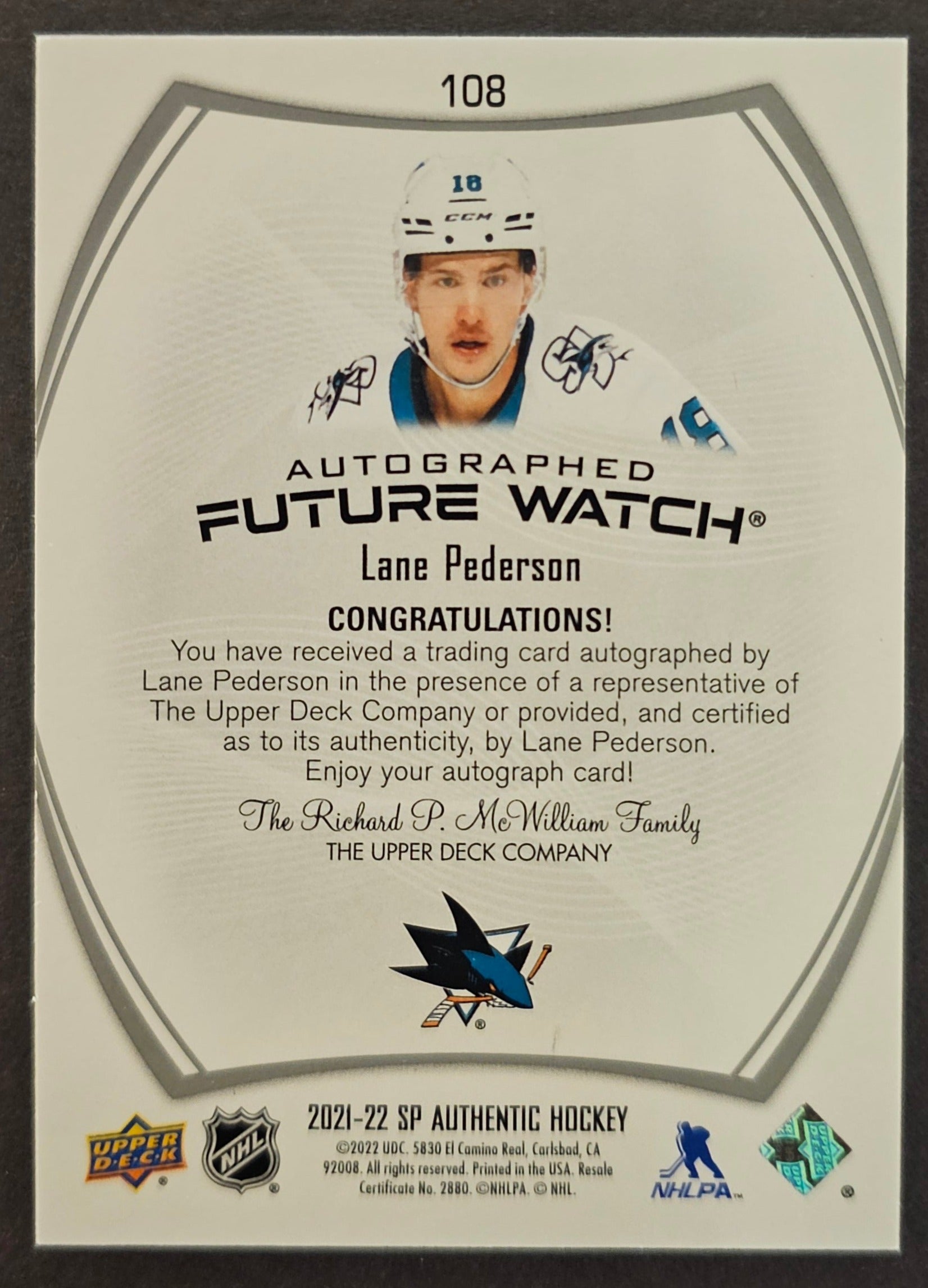 Lane Pederson Future Watch Auto /999 - 2021/22 SP Authentic