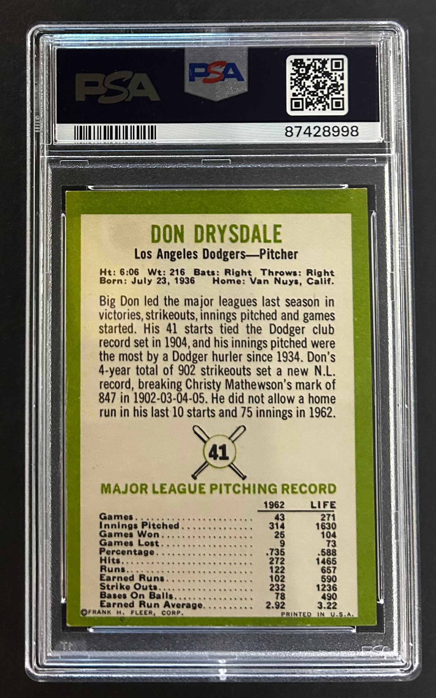 Don Drysdale - PSA 6 - 1963 Fleer