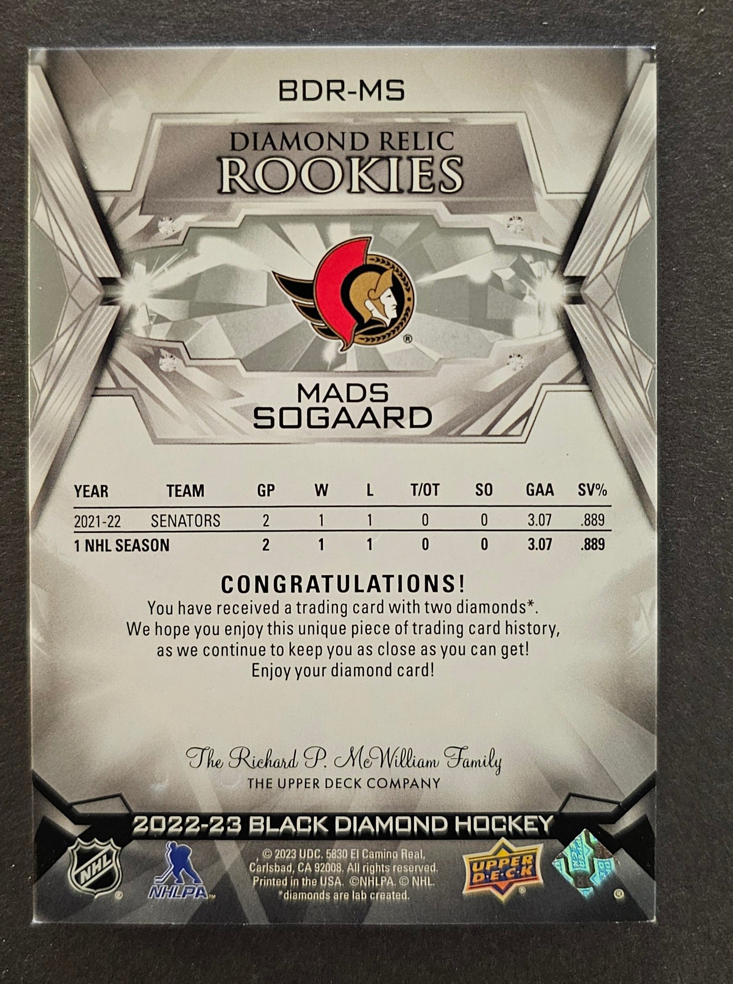 Mads Sogaard Diamond Relic Rookies Double Diamond - 2022/23 Black Diamond