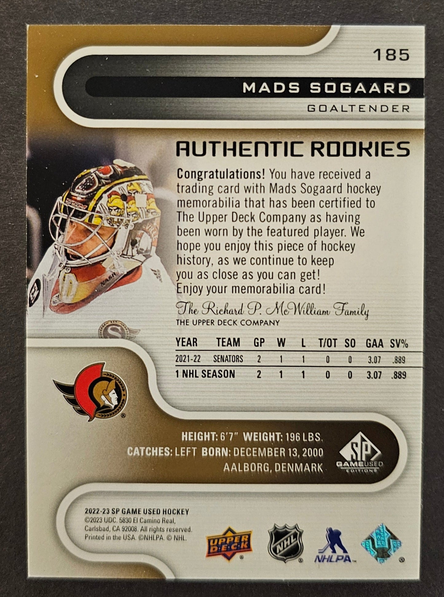 Mads Sogaard Authentic Rookies Premium Patch /15 - 2022/23 SP Game Used