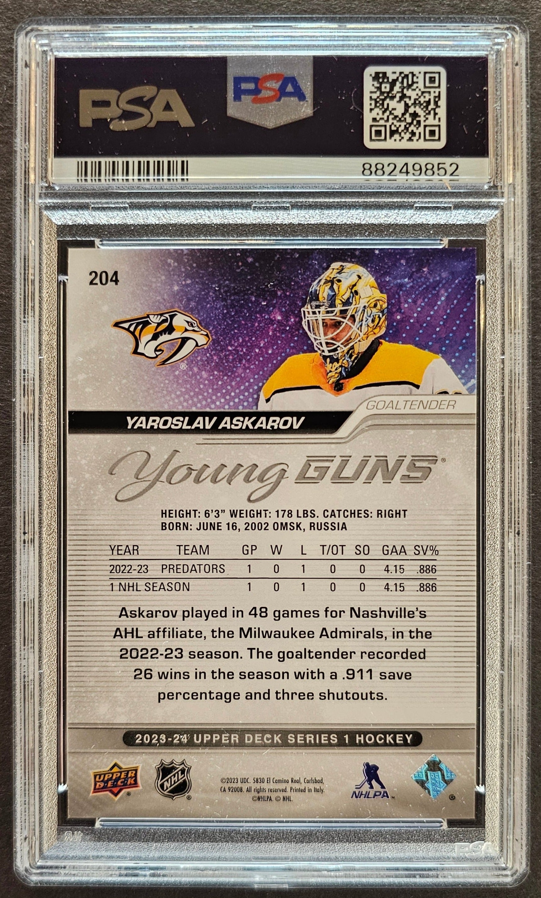 Jaroslav Askarov Young Guns Rookie #204 Graded PSA 10 - 2023/24 Series 1