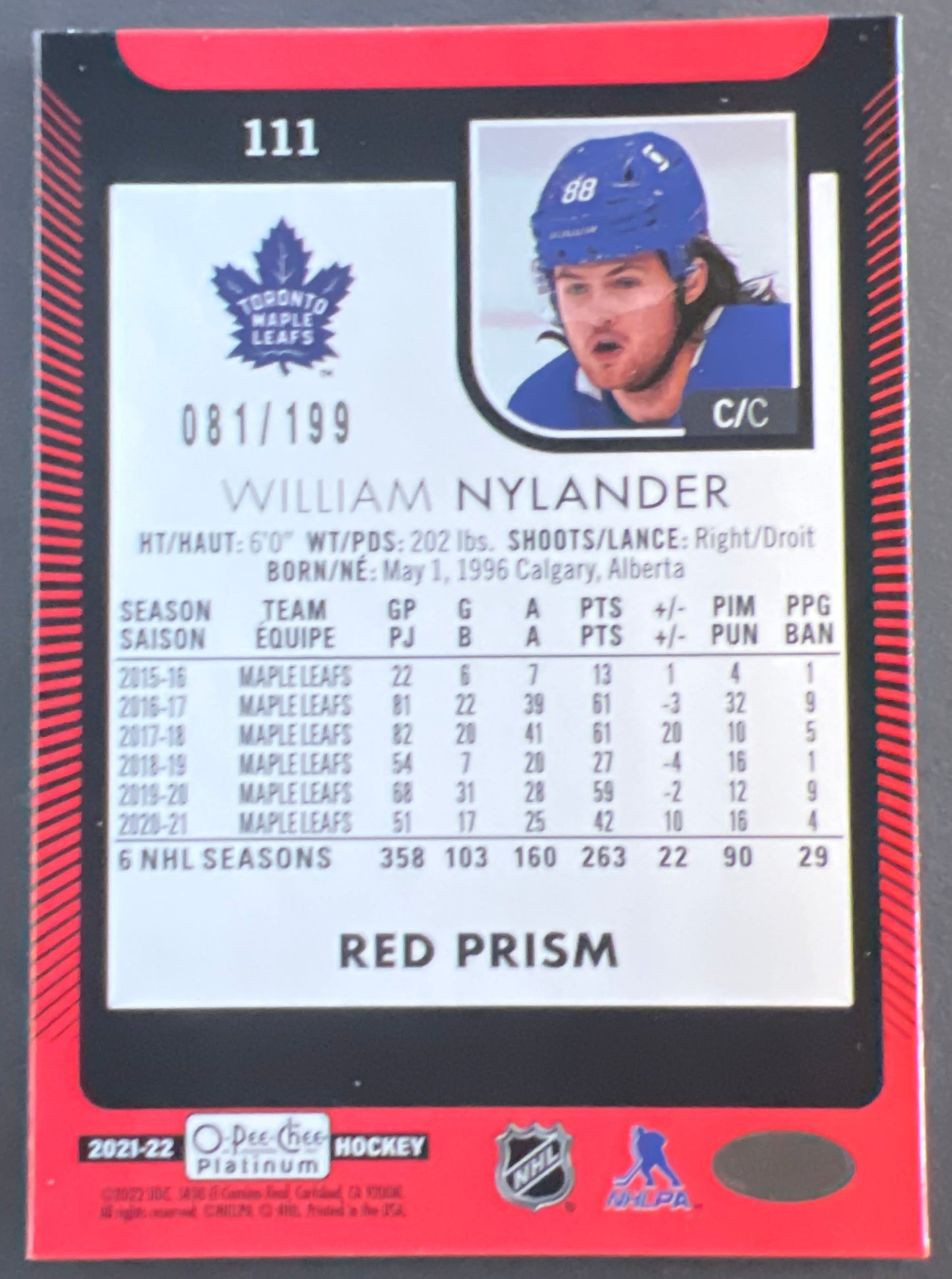 William Nylander Red Prism /199 - 2021/22 O-Pee-Chee Platinum 